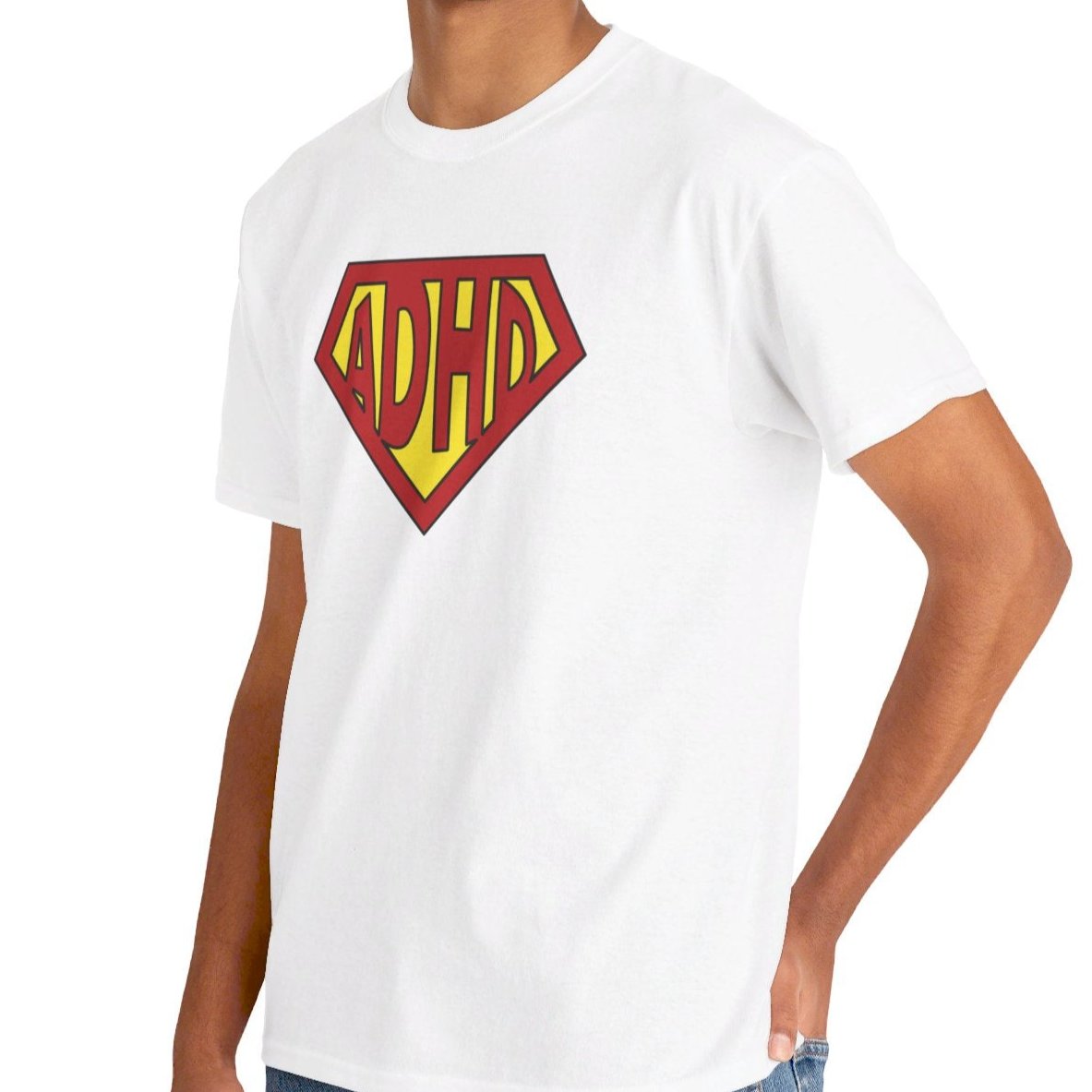 Side view of a white T-shirt featuring a yellow and red ADHD logo styled in the Superman symbol. Part of the Vivid Divergence Sensory Friendly Unisex Tees Range.
