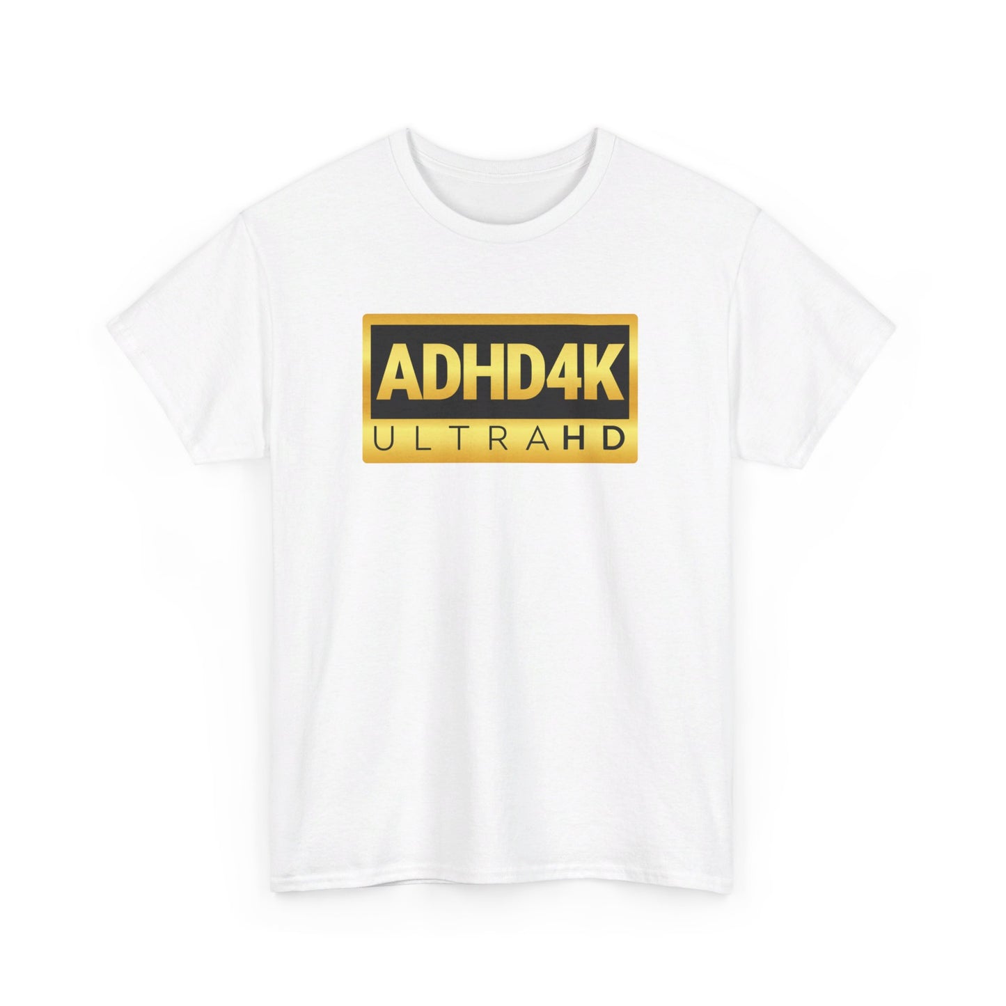 Front view of a white ADHD4K UltraHD T-shirt with yellow and white text. Part of the Vivid Divergence Sensory Friendly Unisex Tees Range.