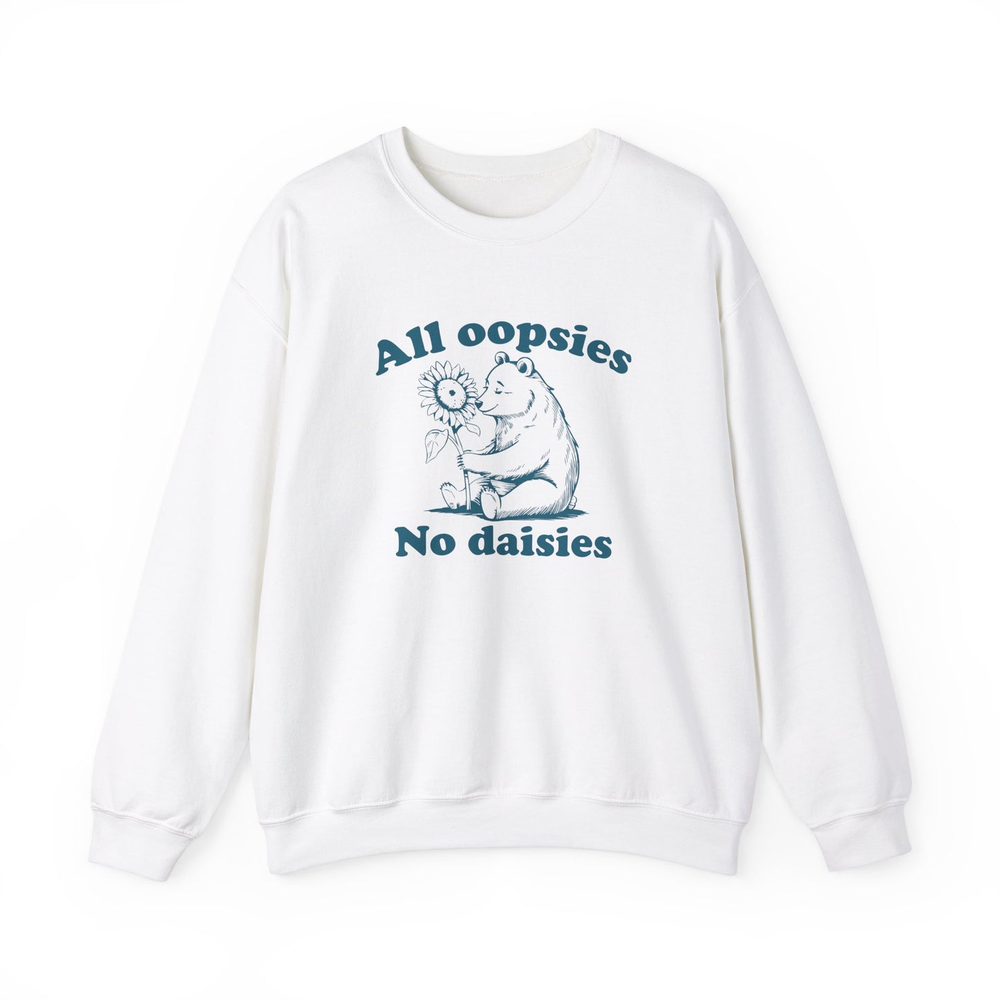 Front view of a white sweatshirt with "All Oopsies, No Daisies" in blue letters and a cartoon bear holding a sunflower. Part of the Vivid Divergence Sensory Friendly Unisex Sweater Jumper Range.