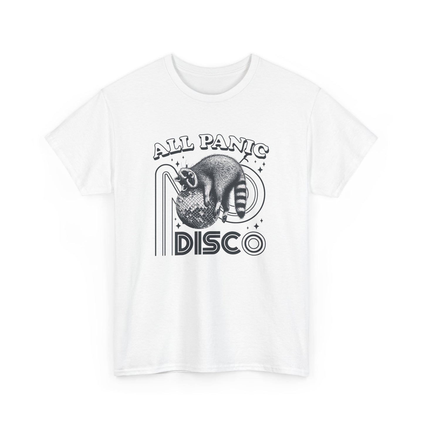 Front view of a white T-shirt featuring "All Panic No Disco" text with a raccoon illustration inside a disco ball. Part of the Vivid Divergence Sensory Friendly Unisex Tees Range.