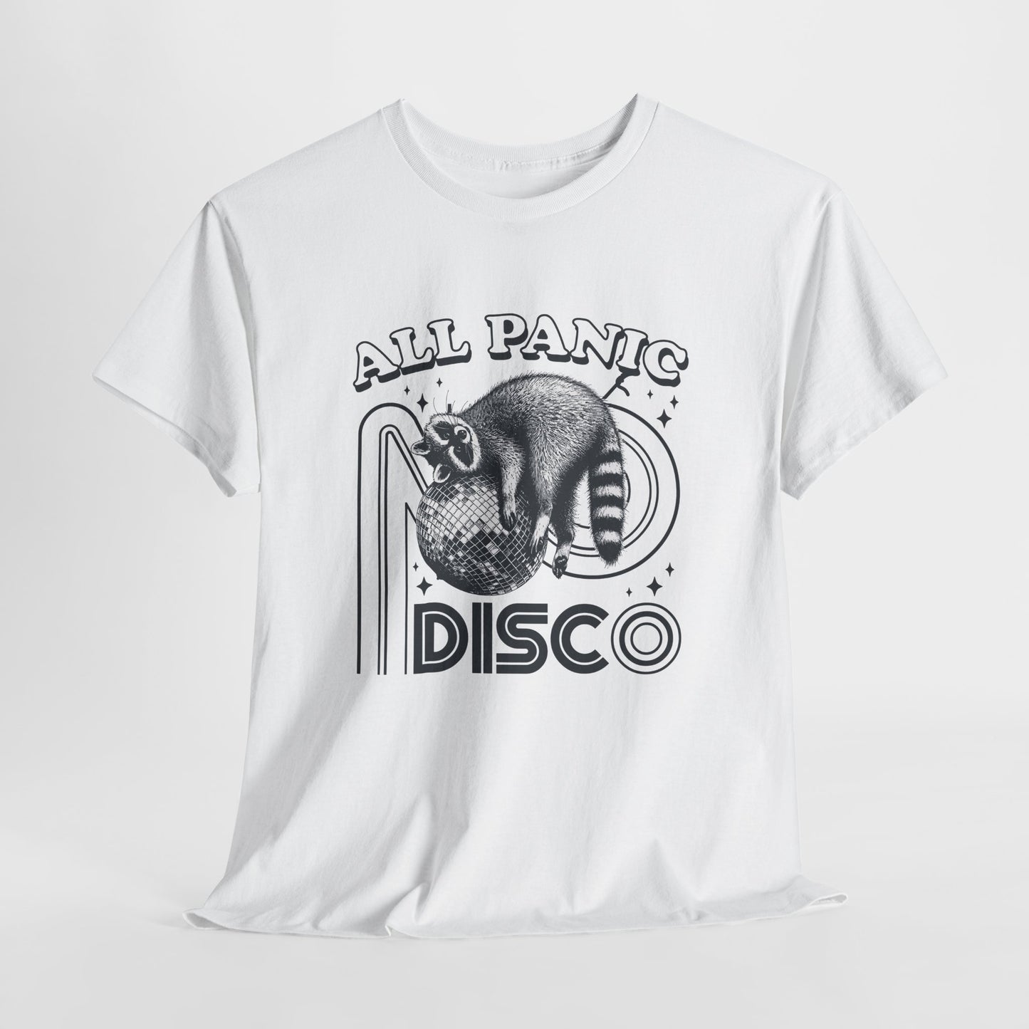 Hanging white T-shirt featuring "All Panic No Disco" text with a raccoon illustration inside a disco ball. Part of the Vivid Divergence Sensory Friendly Unisex Tees Range.