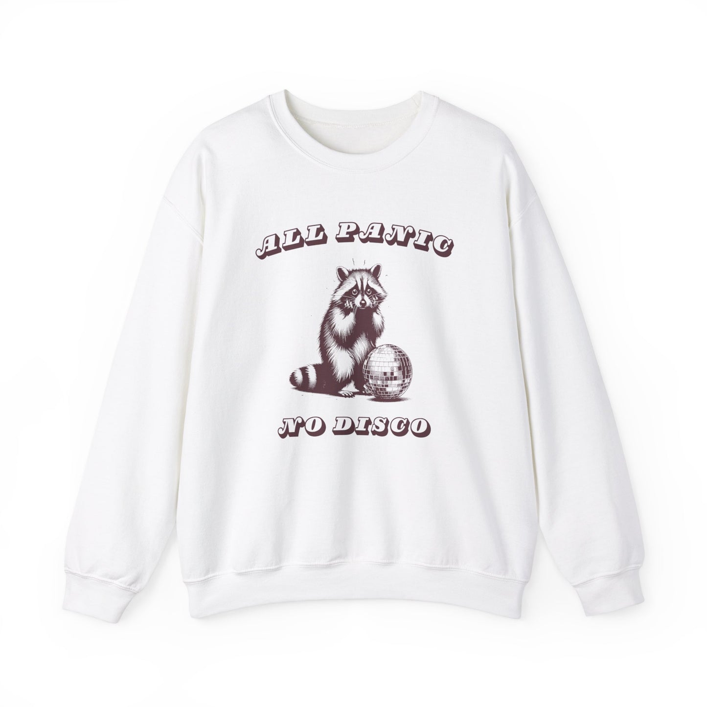 Front view of a white sweater jumper with a "All Panic No Disco" design featuring a raccoon illustration. Part of the Vivid Divergence Sensory Friendly Unisex Sweater Jumper Range.