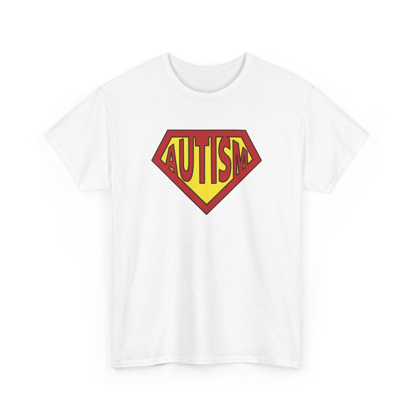 Front view of a white Autism Superpower T-shirt with a Superman-inspired logo. Part of the Vivid Divergence Sensory Friendly Unisex Tees Range.