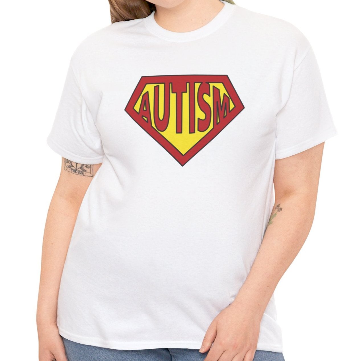 A person wearing a white Autism Superpower T-shirt with rolled-up sleeves, highlighting the unisex design. Part of the Vivid Divergence Sensory Friendly Unisex Tees Range.