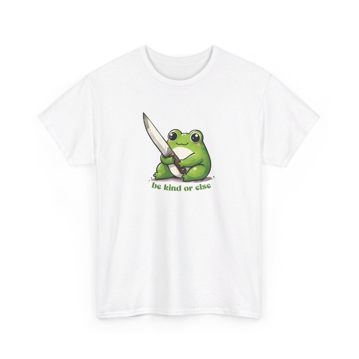 Front view of a white T-shirt featuring a green frog holding a knife with the text "Be Kind or Else." Part of the Vivid Divergence Sensory Friendly Unisex Tees Range.