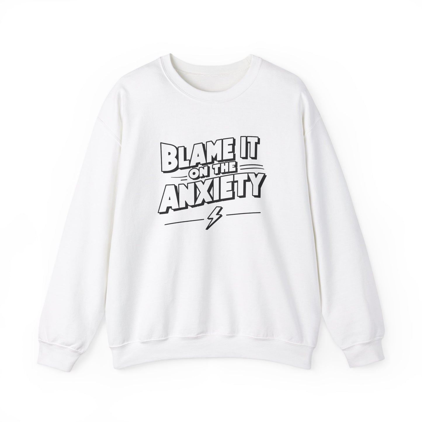 Front view of a white sweatshirt featuring bold text that reads "Blame It on the Anxiety" with an underline. Part of the Vivid Divergence Sensory Friendly Unisex Sweater Jumper Range.