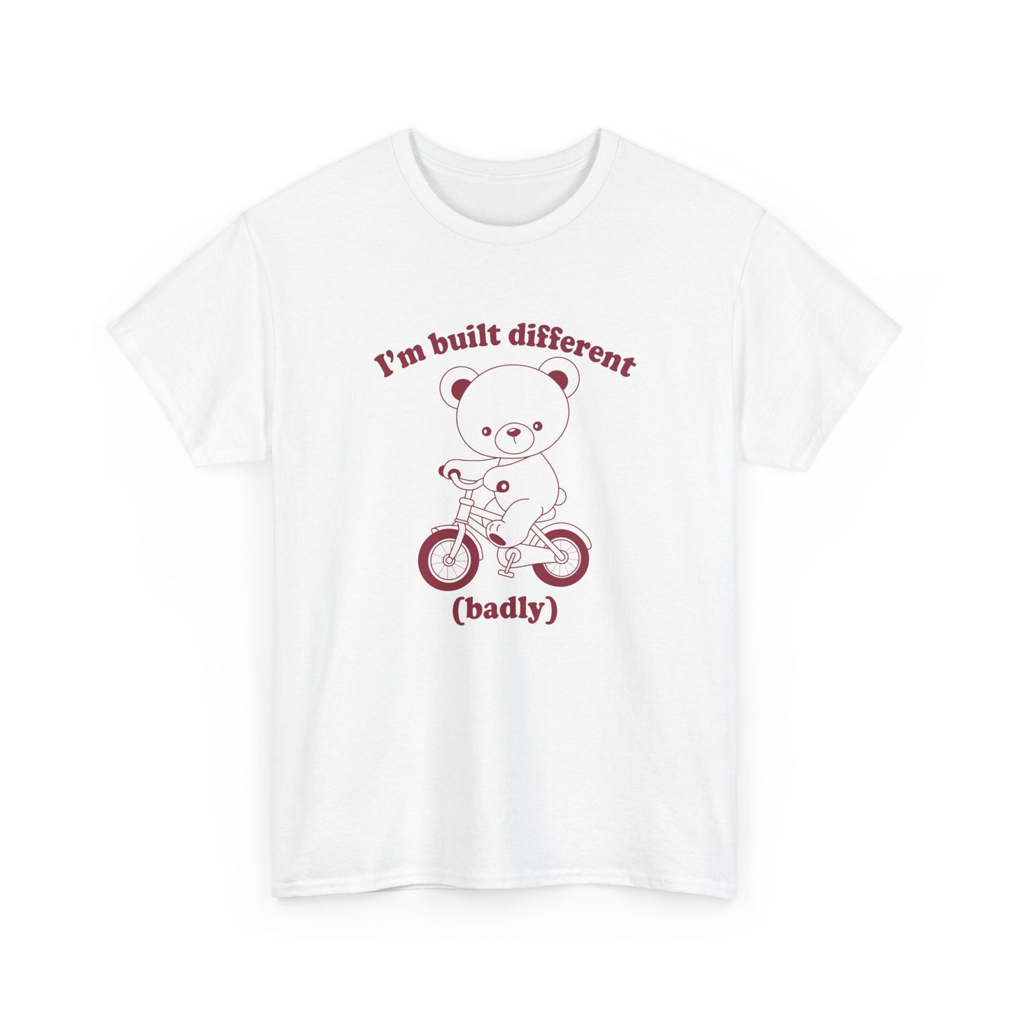 Front view of a white T-shirt featuring the "Built Different (Badly)" bear design. Part of the Vivid Divergence Sensory Friendly Unisex Tees Range.