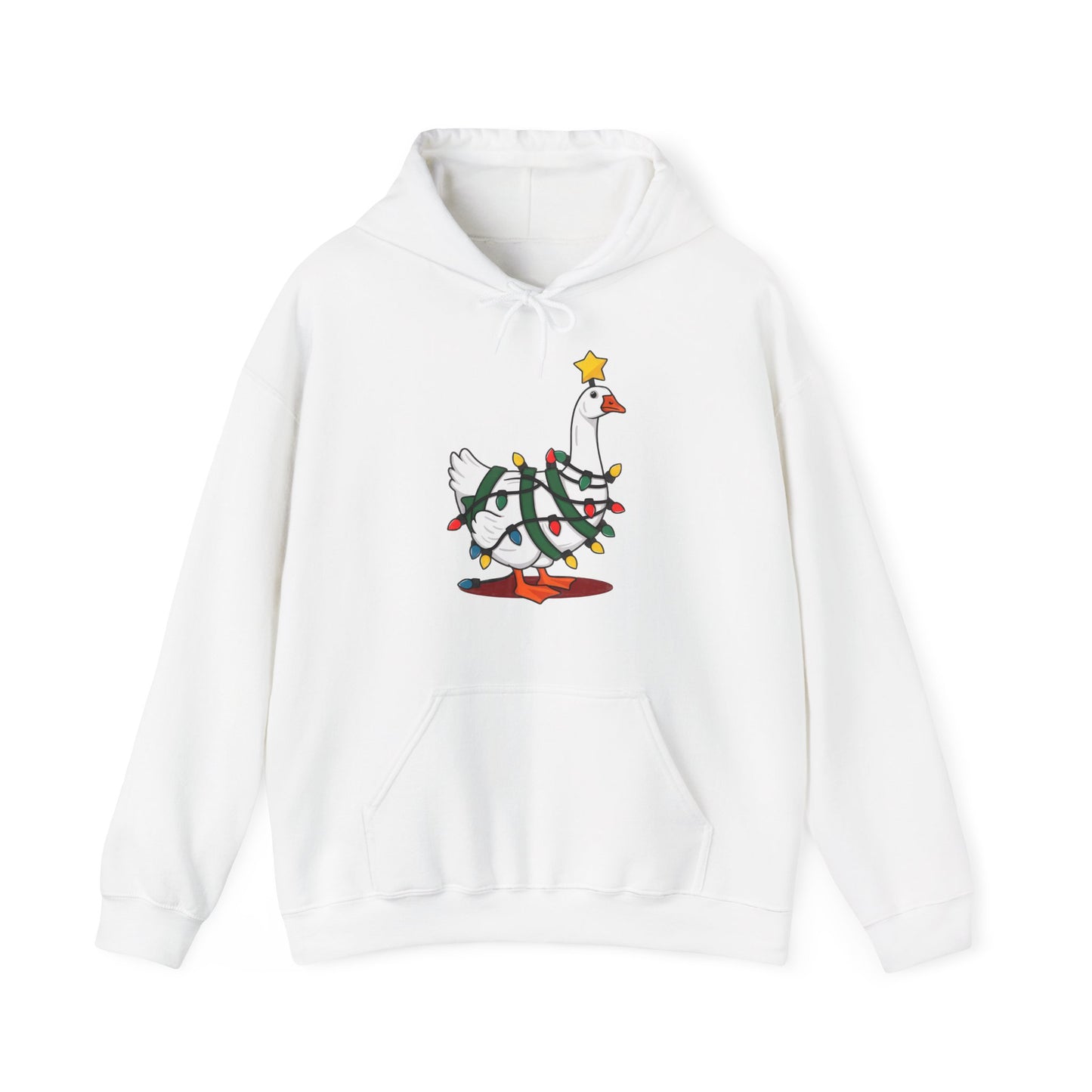 Front view of a white hoodie featuring a festive illustration of a goose wearing a Santa hat and stringing Christmas lights, with the text "Goose on the Loose." Part of the Vivid Divergence Sensory Friendly Unisex Hoodie Range.