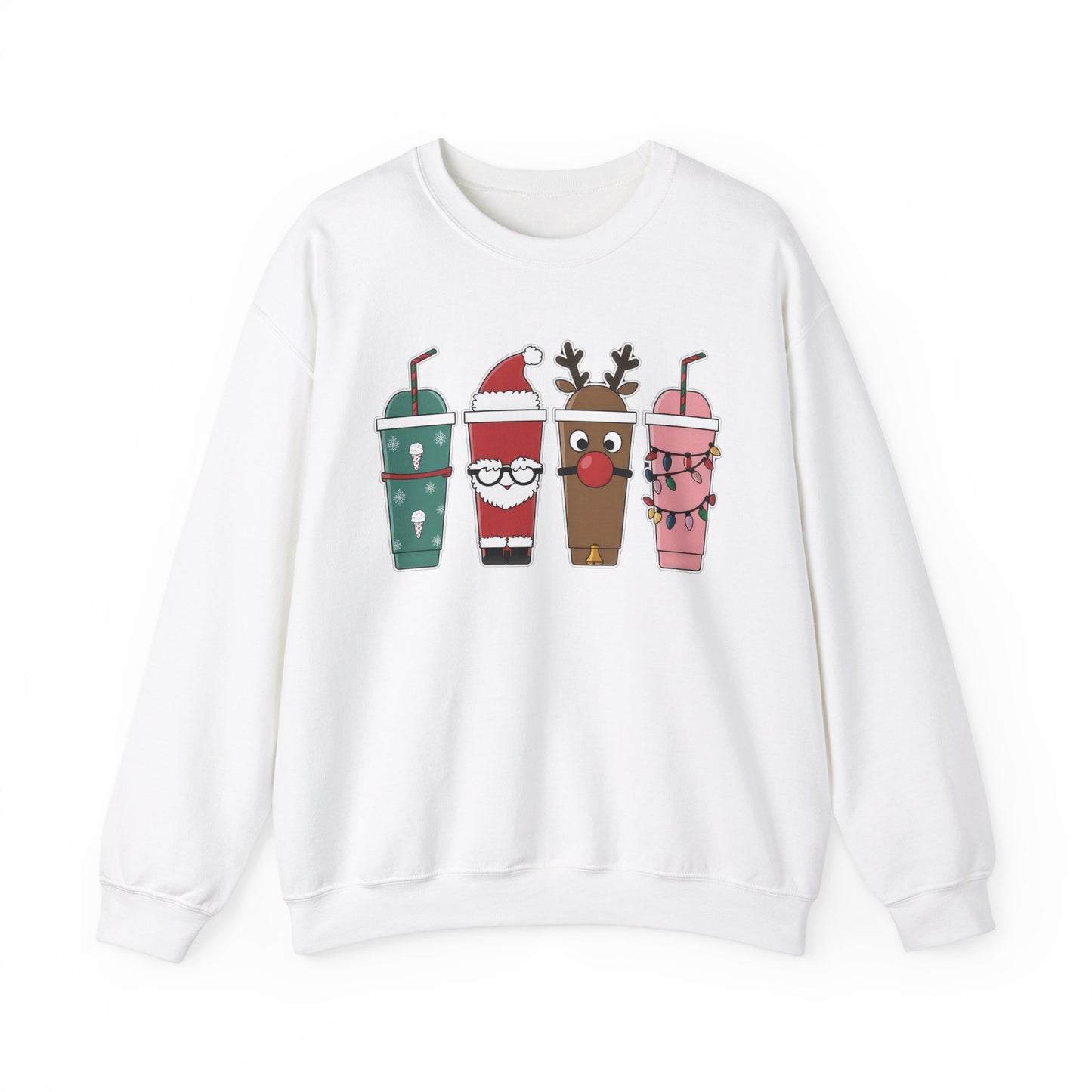 Front view of a white sweatshirt featuring a festive illustration of four iced coffee cups decorated with Christmas designs, including reindeer, Santa, and holiday patterns. Part of the Vivid Divergence Sensory Friendly Unisex Sweater Jumper Range.