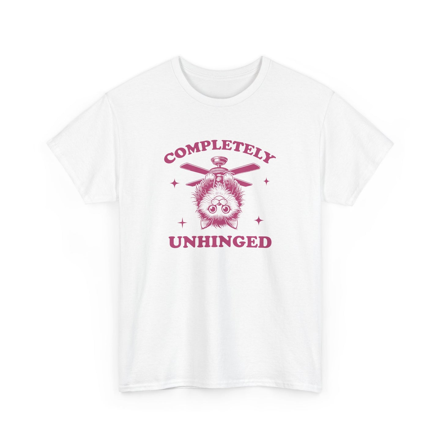 Front view of a white T-shirt featuring "Completely Unhinged" text with a cat hanging upside down from a ceiling fan in red-tone design. Part of the Vivid Divergence Sensory Friendly Unisex Tees Range.