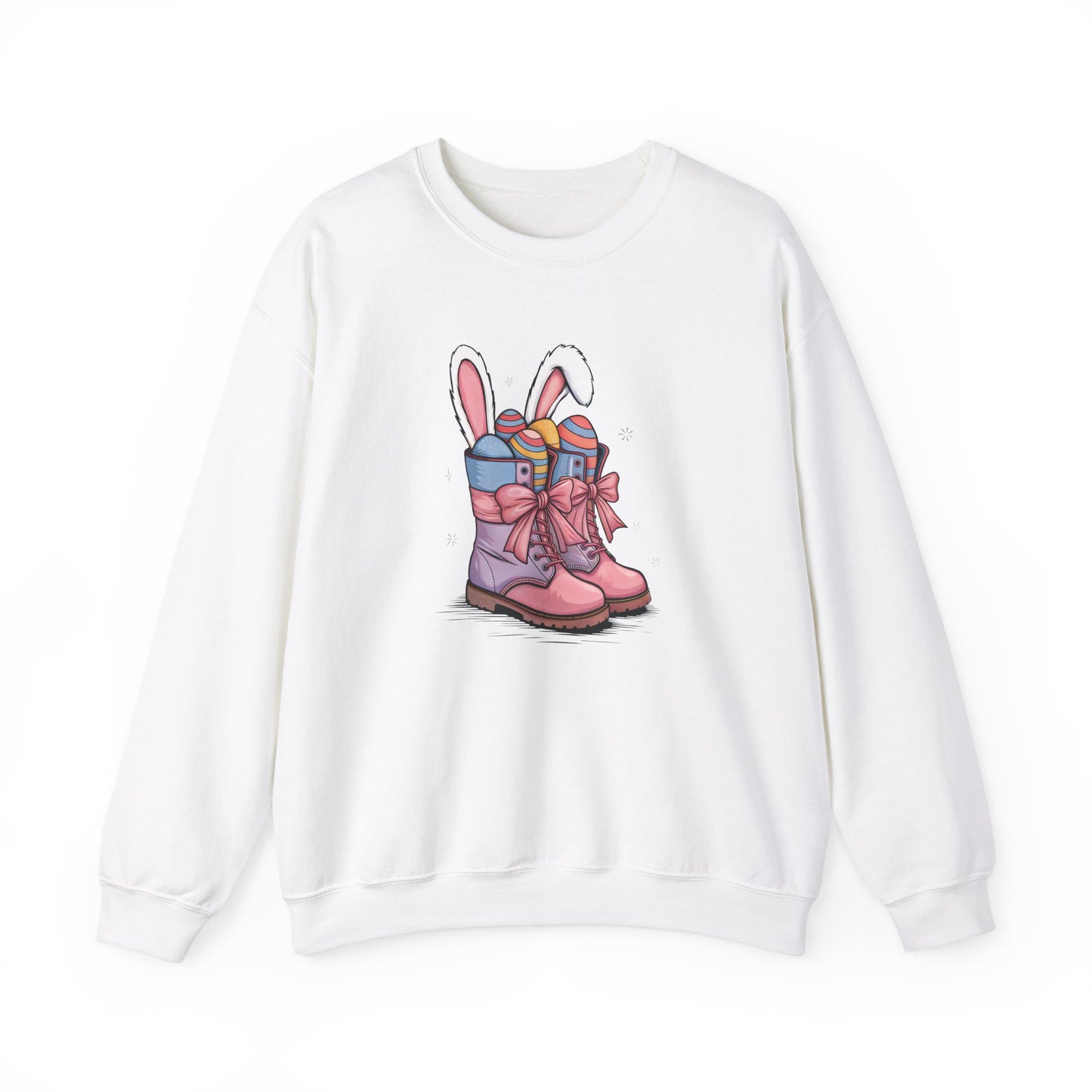 Front view of white sweater jumper with pink cowgirl boots filled with Easter eggs and bunny ears. Part of the Vivid Divergence Sensory Friendly Unisex Sweater Jumper Range.