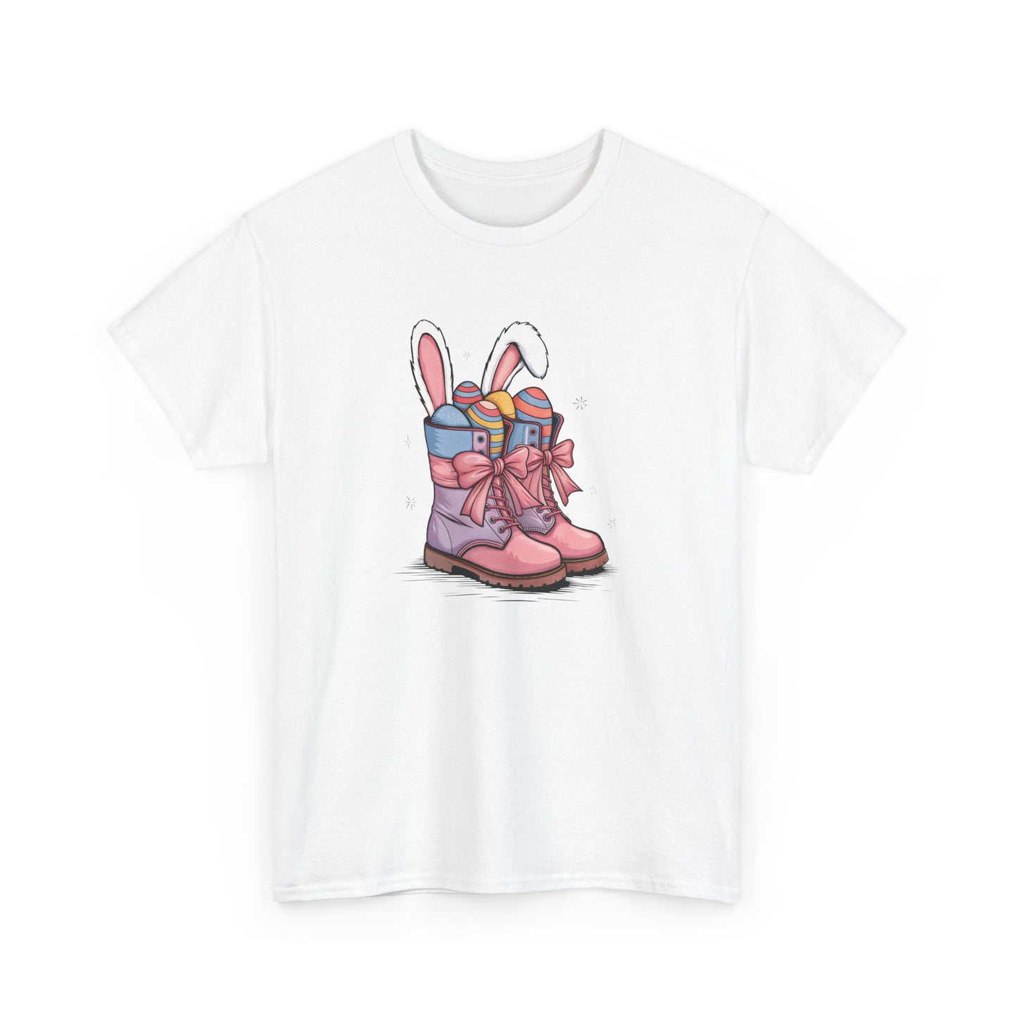 White Easter T-shirt featuring a festive cowgirl boots design with bunny ears and pastel Easter eggs, a fun and stylish choice. Hop into the season in style and shop Easter shirts online today!
