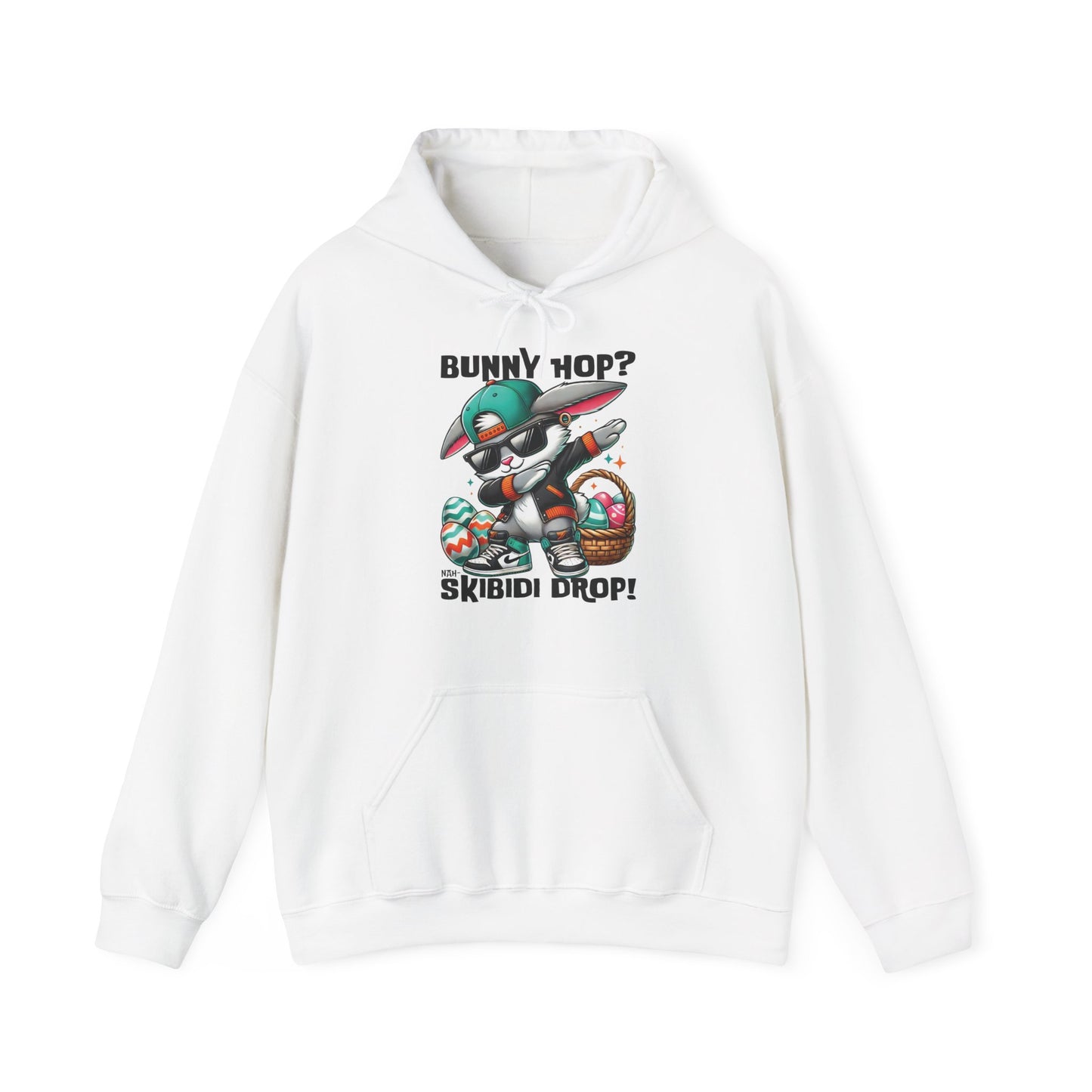 Front view of white hoodie with Dabbing Bunny Hop Skibidi Drop graphic. Part of the Vivid Divergence Sensory Friendly Unisex Hoodies Range.