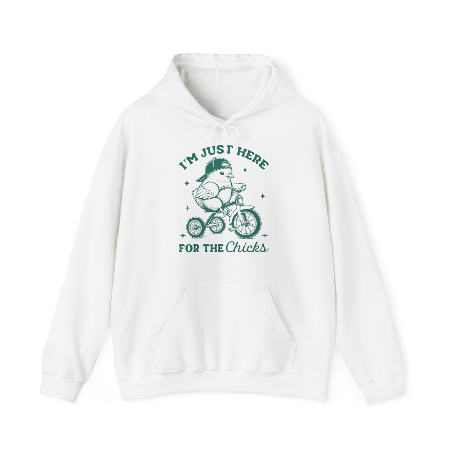 Flat lay of white hoodie featuring Easter chick and text graphic. Part of the Vivid Divergence Sensory Friendly Unisex Hoodies Range.