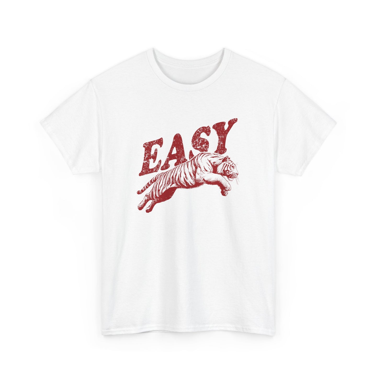 White T-shirt featuring the "EASY" text and tiger illustration in black, displayed flat on a white background. Part of the Vivid Divergence Sensory Friendly Unisex Tees Range.