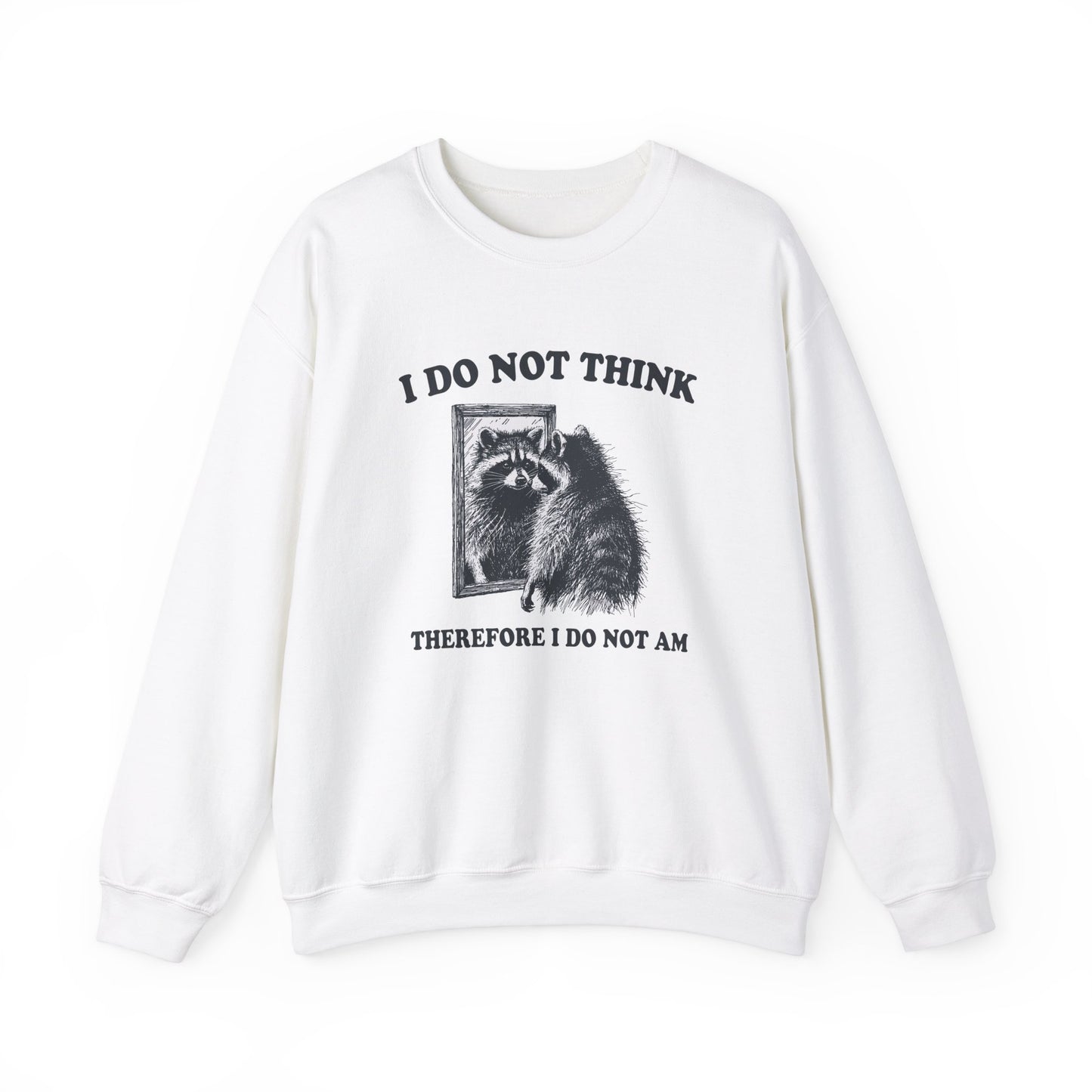 Front view of a white sweater jumper with the text "I Do Not Think, Therefore I Do Not Am" and a cartoon raccoon illustration. Part of the Vivid Divergence Sensory Friendly Unisex Sweater Jumper Range.