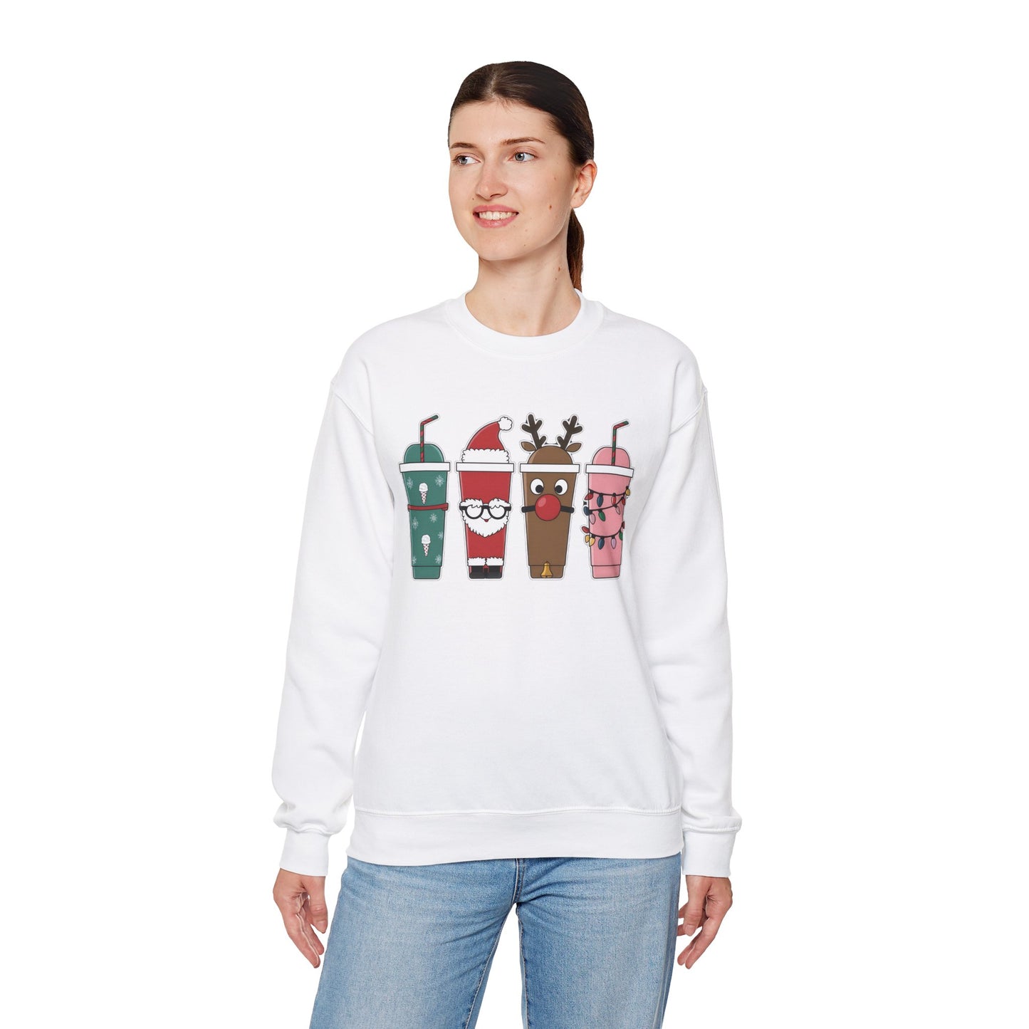 Front view of a white sweatshirt featuring colorful iced coffee cups with Christmas-themed decorations, styled for the holiday season. Part of the Vivid Divergence Sensory Friendly Unisex Sweater Jumper Range.