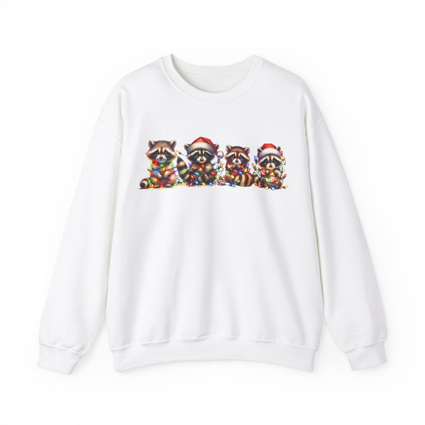 Front view of a white sweatshirt featuring a festive illustration of raccoons in Christmas attire causing holiday chaos. Part of the Vivid Divergence Sensory Friendly Unisex Sweater Jumper Range.