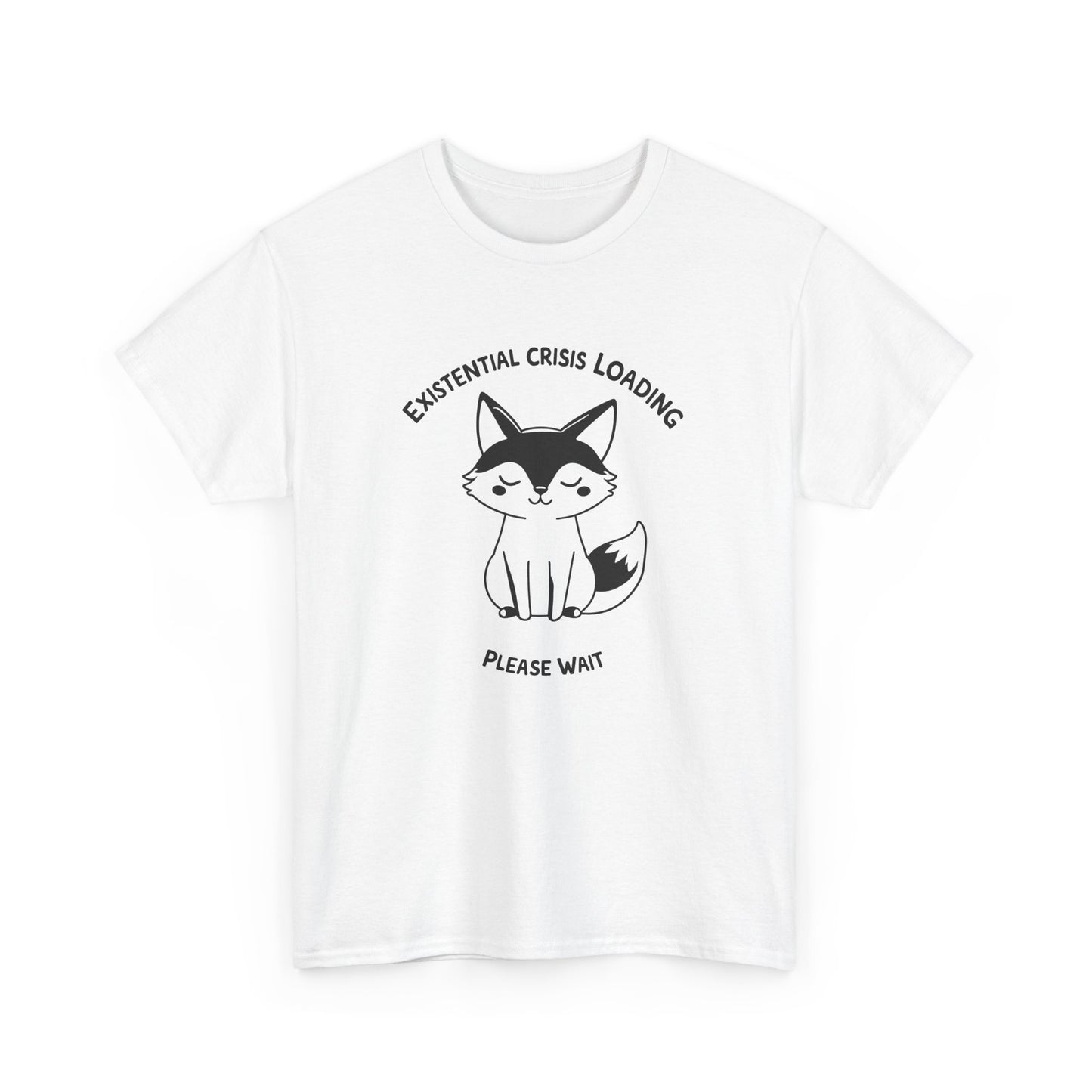 White T-shirt with a black and white fox graphic and "Existential Crisis Loading, Please Wait" text, front view. Part of the Vivid Divergence Sensory Friendly Unisex Tees Range.