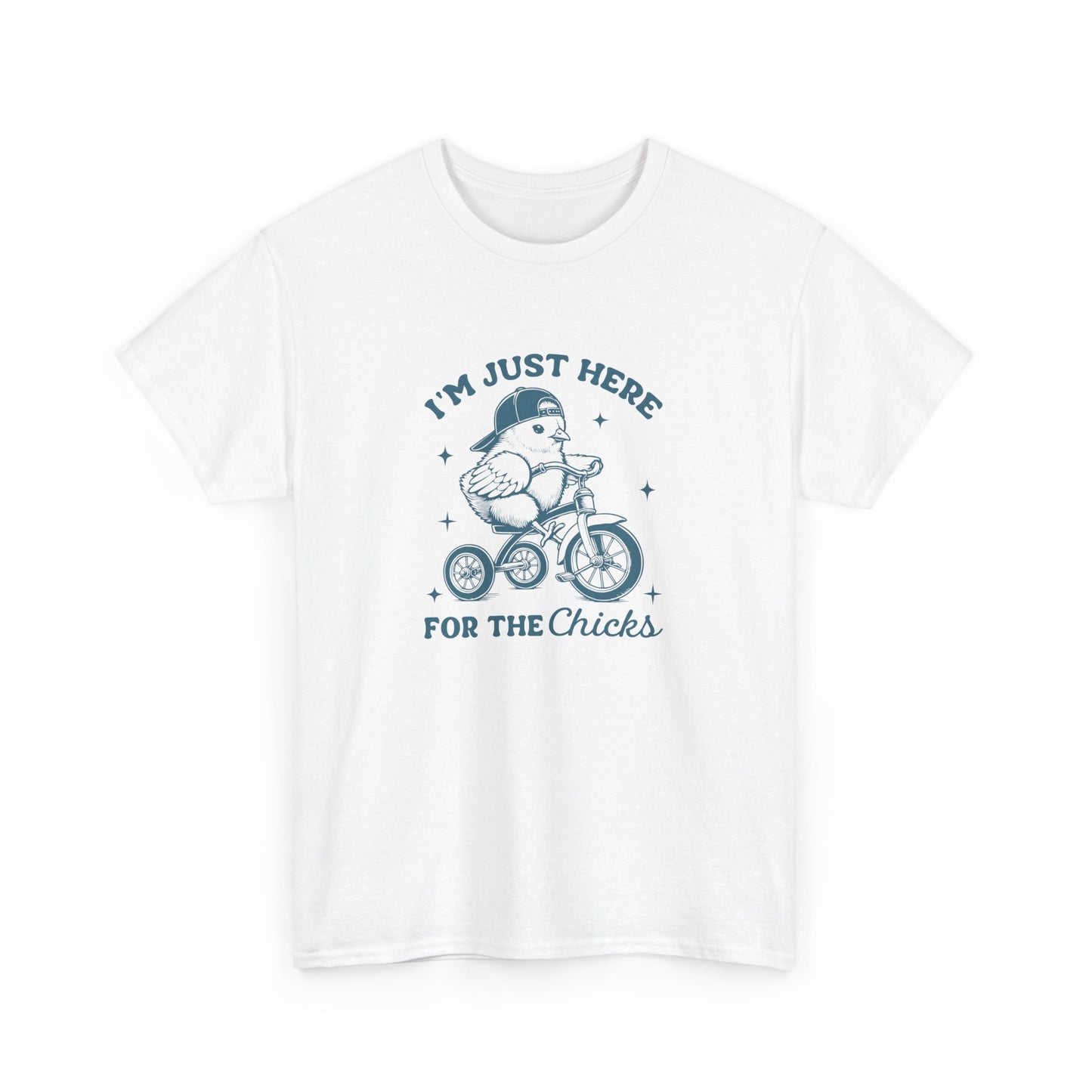 White Easter T-shirt showcasing a cute chick on a bicycle with a humorous "I'm Just Here for the Chicks" text, perfect for a lighthearted holiday outfit. Hop into the season in style and shop Easter shirts online today!