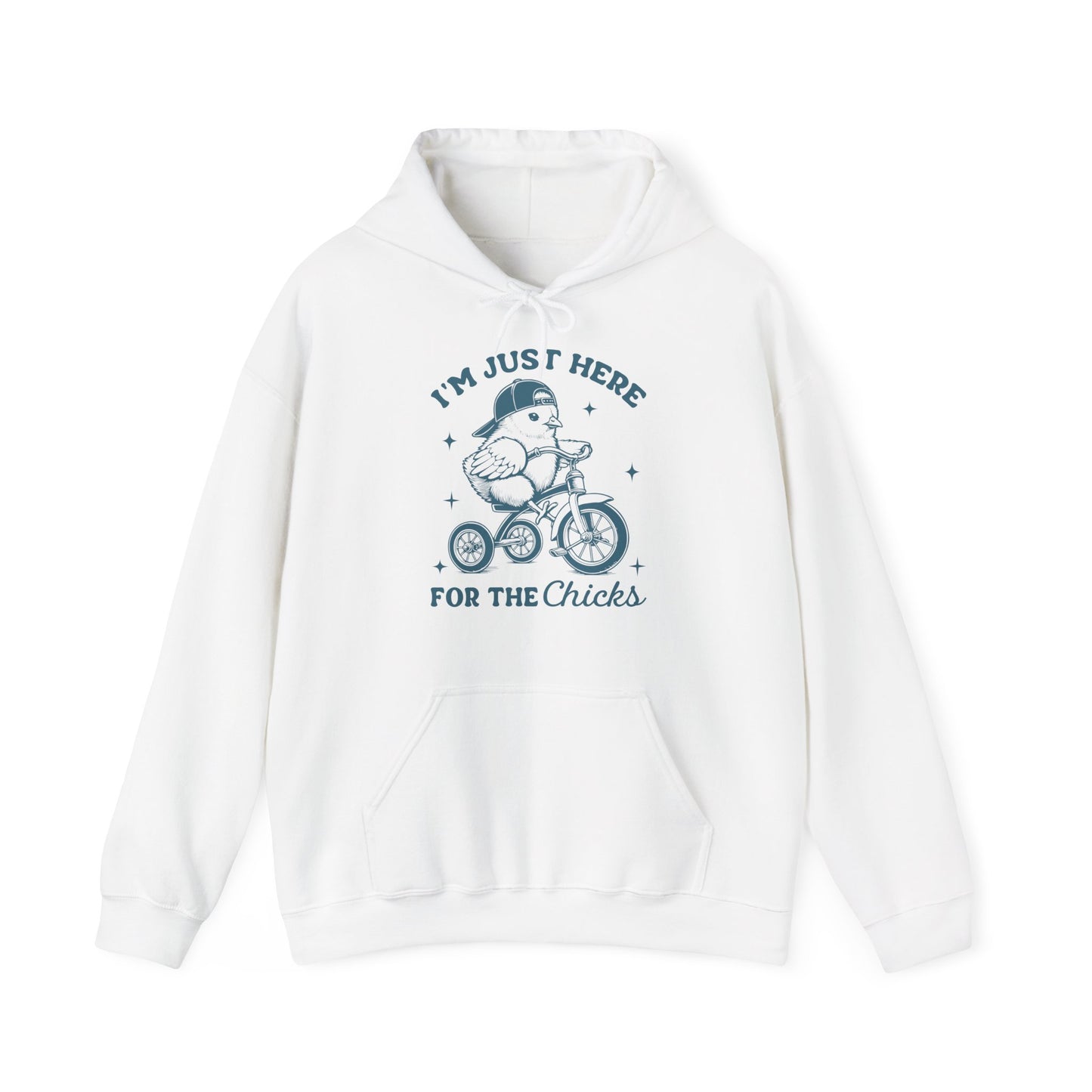Front view of white hoodie with “I’m Just Here For The Chicks” Easter design. Part of the Vivid Divergence Sensory Friendly Unisex Hoodies Range.