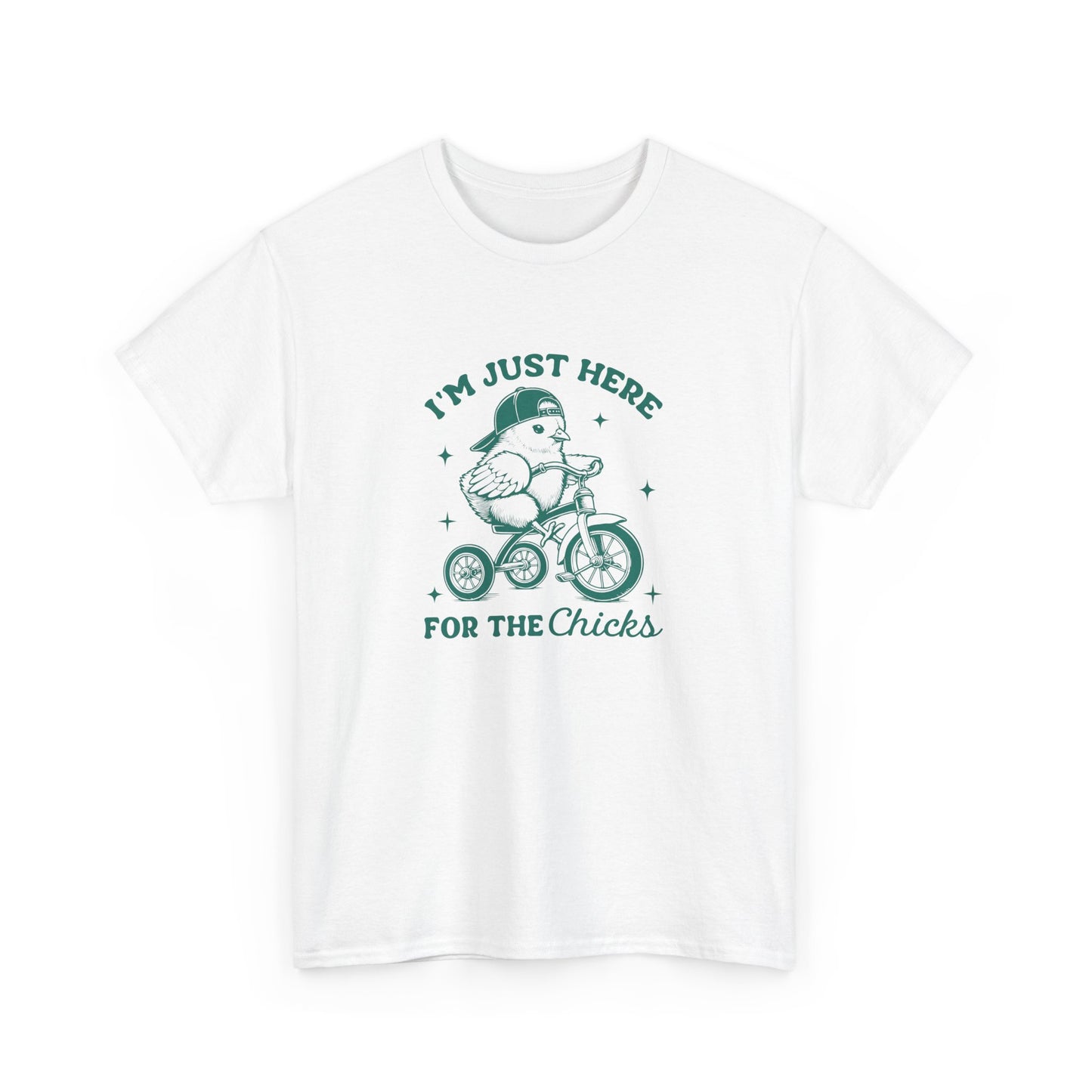 White Easter T-shirt featuring a playful chick riding a bicycle with "I'm Just Here for the Chicks" text, a fun and festive design. Hop into the season in style and shop Easter shirts online today!