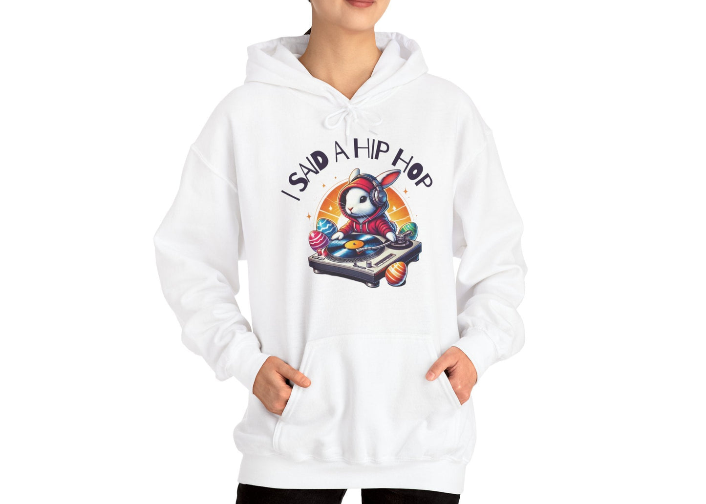Woman wearing white hoodie with colorful Easter hip hop graphic. Part of the Vivid Divergence Sensory Friendly Unisex Hoodies Range.