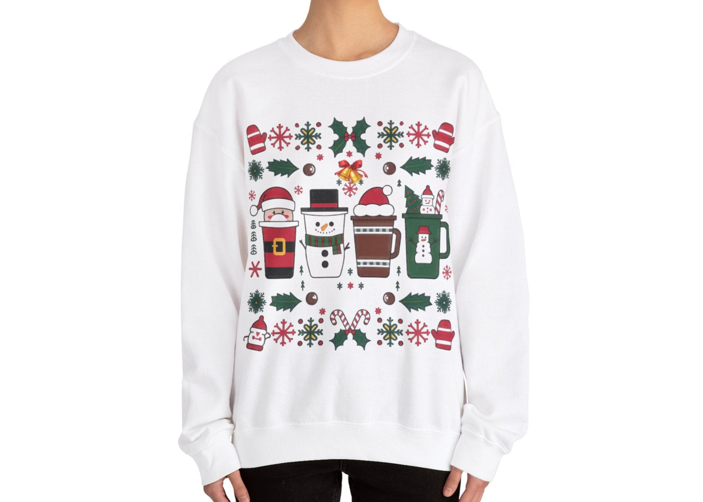 Model wearing a white sweatshirt featuring a festive holiday pattern with coffee cups, snowflakes, and Christmas elements, styled casually. Part of the Vivid Divergence Sensory Friendly Unisex Sweater Jumper Range.
