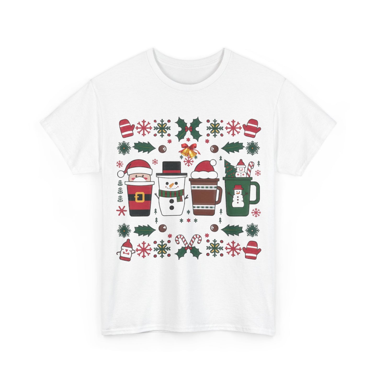 Front view of a white T-shirt featuring a festive holiday pattern with coffee cups, snowflakes, and Christmas elements. Part of the Vivid Divergence Sensory Friendly Unisex Tees Range.