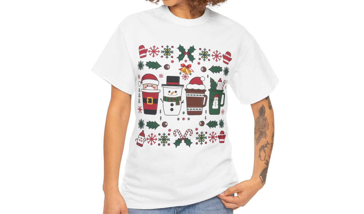 del wearing a white T-shirt featuring a festive holiday pattern with coffee cups, snowflakes, and Christmas elements, styled casually. Part of the Vivid Divergence Sensory Friendly Unisex Tees Range.