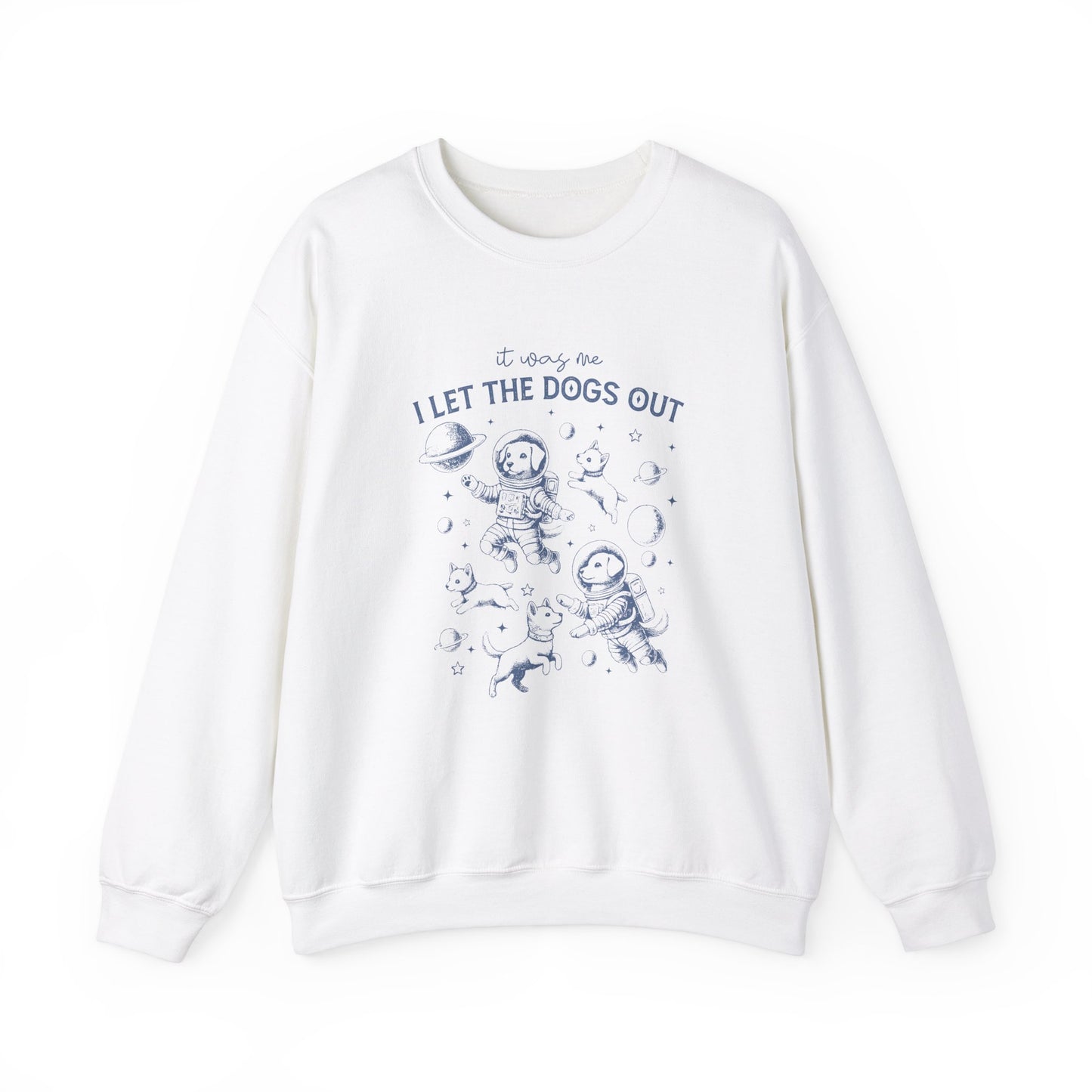 Front view of a white sweatshirt featuring playful dog illustrations with the text "It Was Me, I Let The Dogs Out." Part of the Vivid Divergence Sensory Friendly Unisex Sweater Jumper Range.