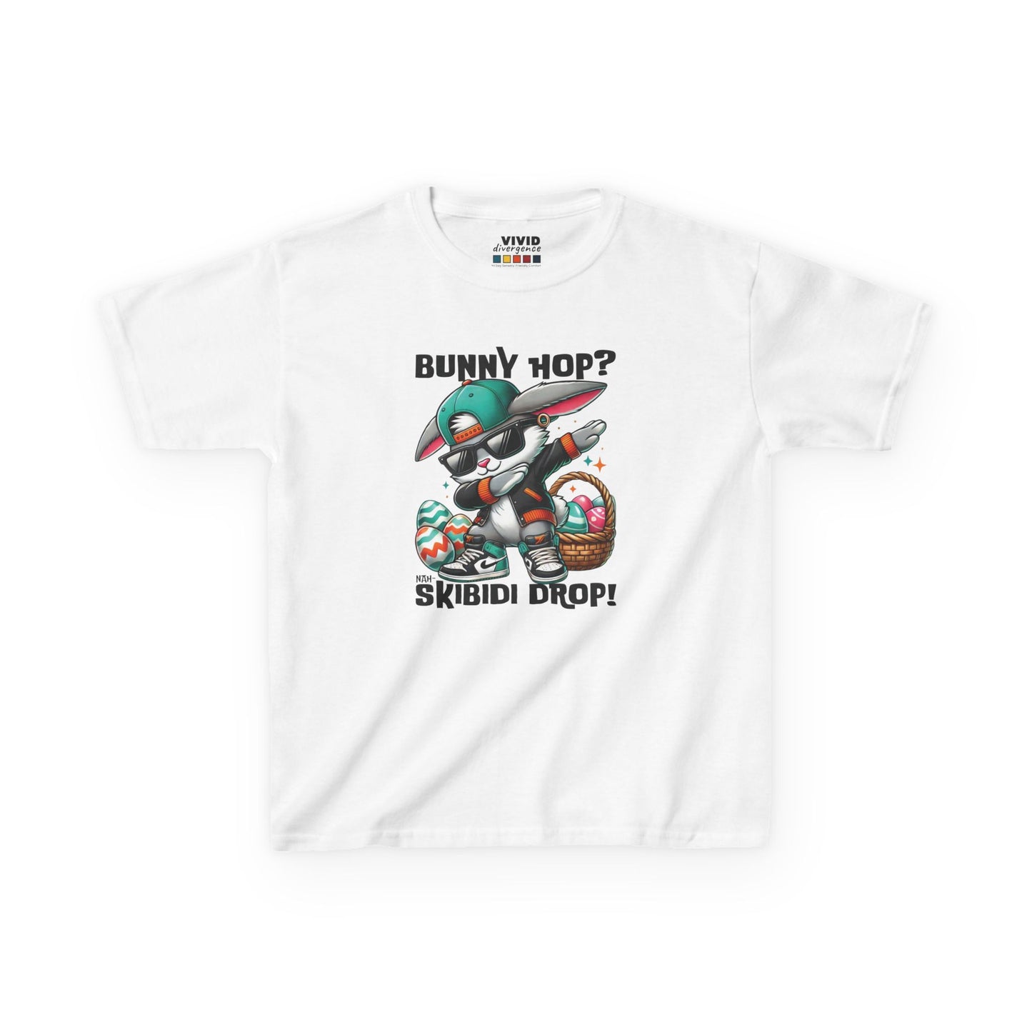 White kids' T-shirt with dabbing bunny and skibidi-inspired Easter phrase. A fun, bold shirt radiating skibidi sigma rizz energy for Easter. Hop into the season in style and shop Easter shirts online today!