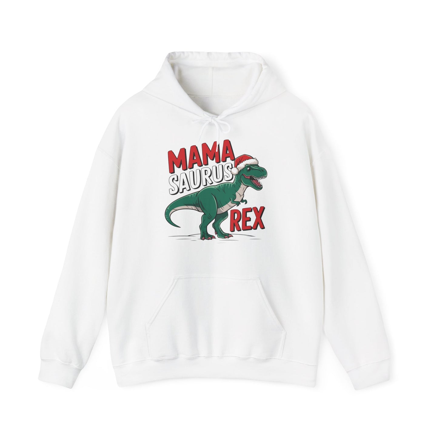 Front view of a white hoodie featuring a "Mama-Saurus Rex" design with a festive dinosaur illustration. Part of the Vivid Divergence Sensory Friendly Unisex Hoodie Range.