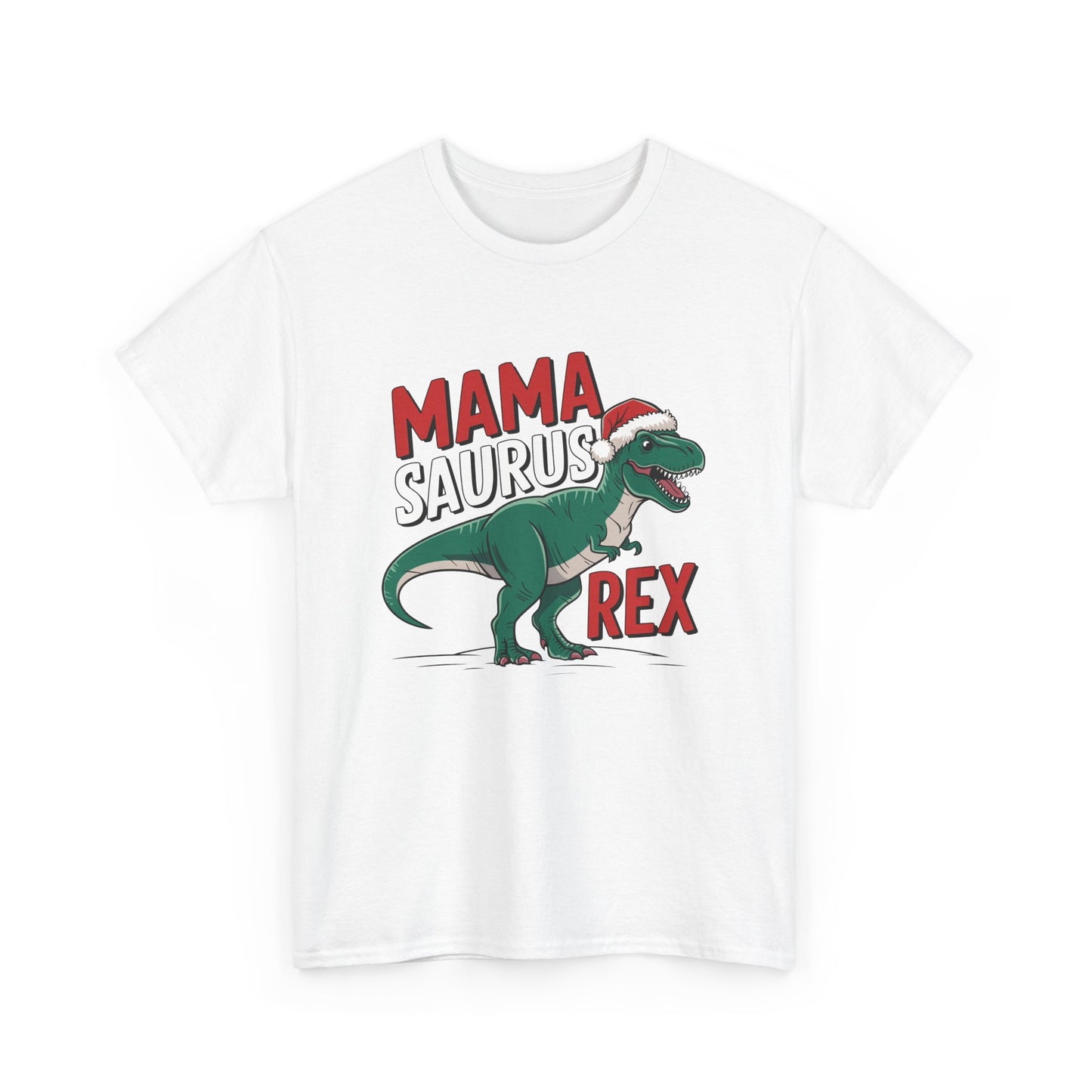Front view of a white T-shirt featuring a "Mama-Saurus Rex" design with a festive dinosaur illustration. Part of the Vivid Divergence Sensory Friendly Unisex Tees Range.