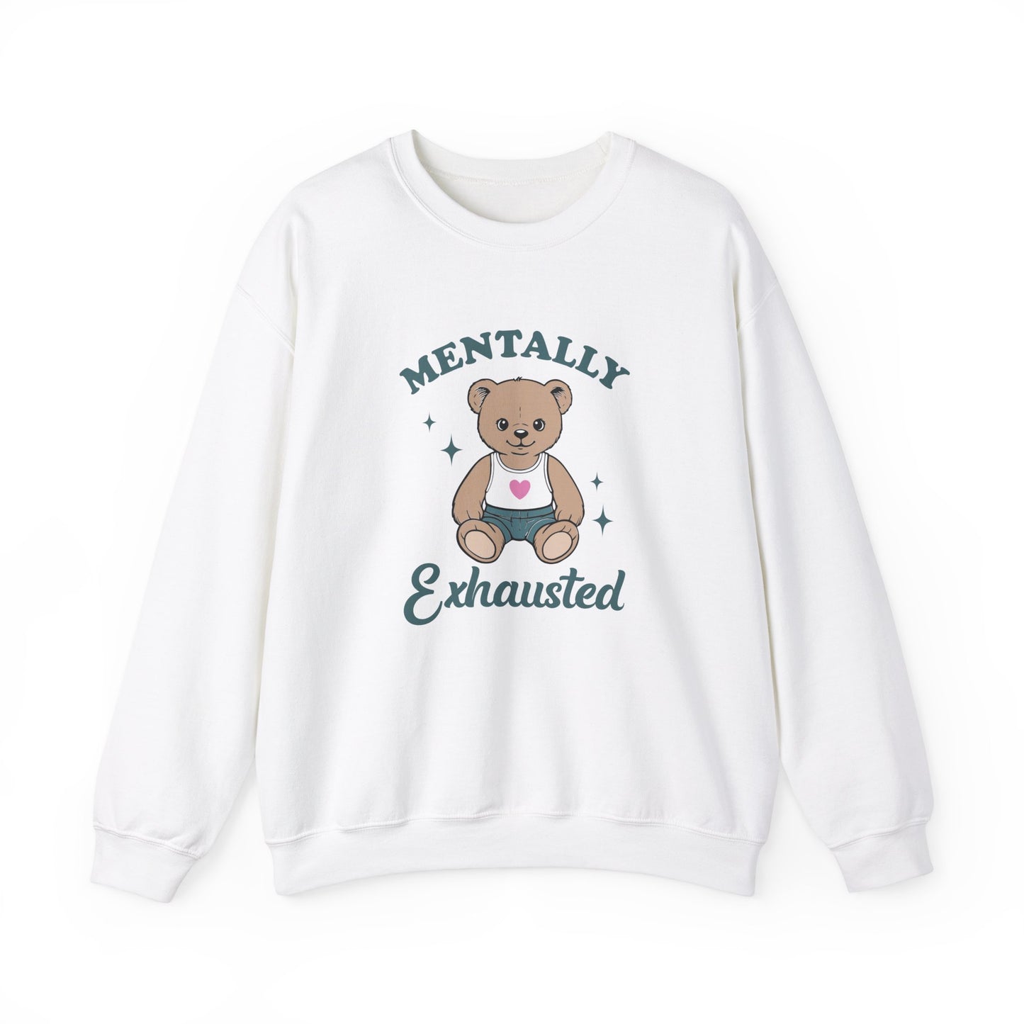 Front view of a white sweatshirt featuring a cute teddy bear wearing an apron with the text "Mentally Exhausted." Part of the Vivid Divergence Sensory Friendly Unisex Sweater Jumper Range.