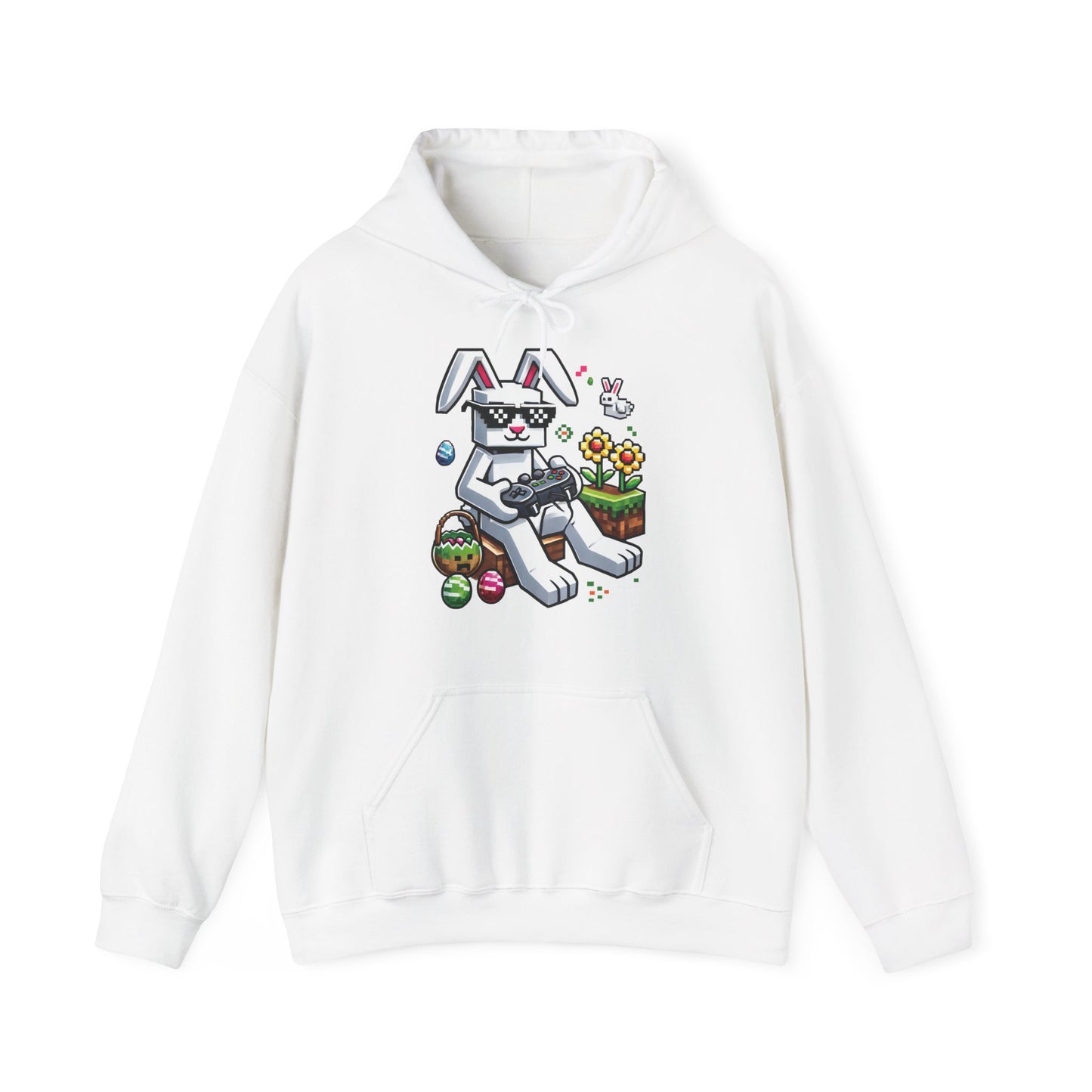 Front view of white hoodie with pixelated Minecraft bunny and Easter eggs. Part of the Vivid Divergence Sensory Friendly Unisex Hoodies Range.