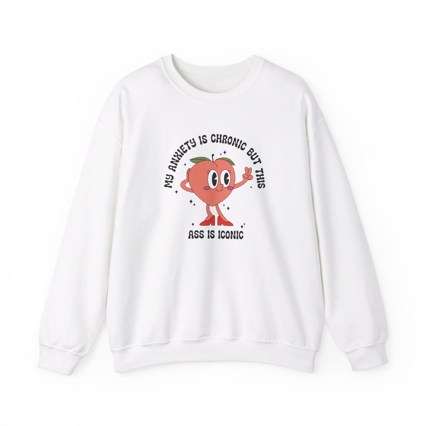 Front view of a white sweater jumper with the text "My anxiety is chronic but this ass is iconic" and a cartoon peach illustration. Part of the Vivid Divergence Sensory Friendly Unisex Sweater Jumper Range.