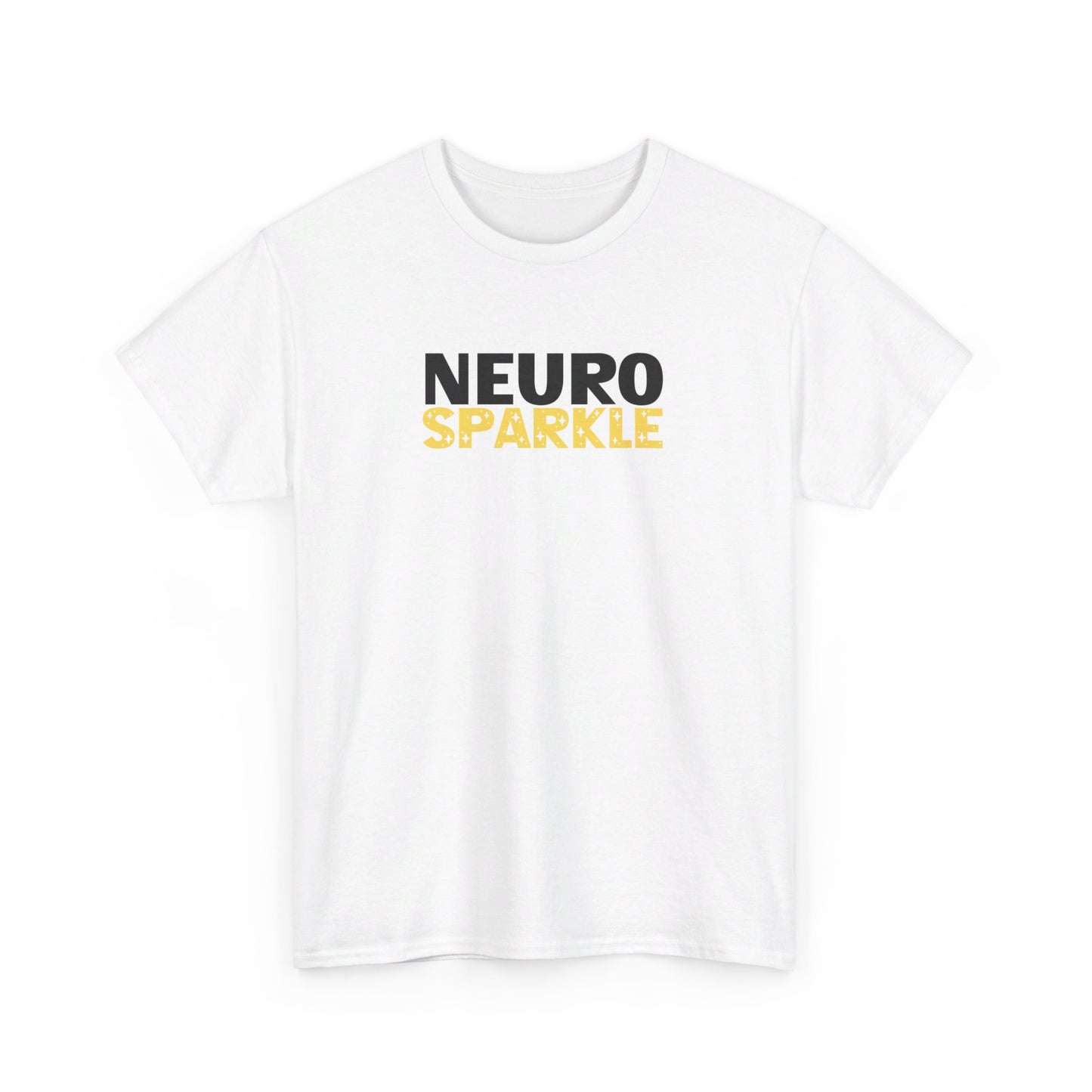 Front view of a white T-shirt with "Neurosparkle" in bold white and yellow text. Part of the Vivid Divergence Sensory Friendly Unisex Tees Range.