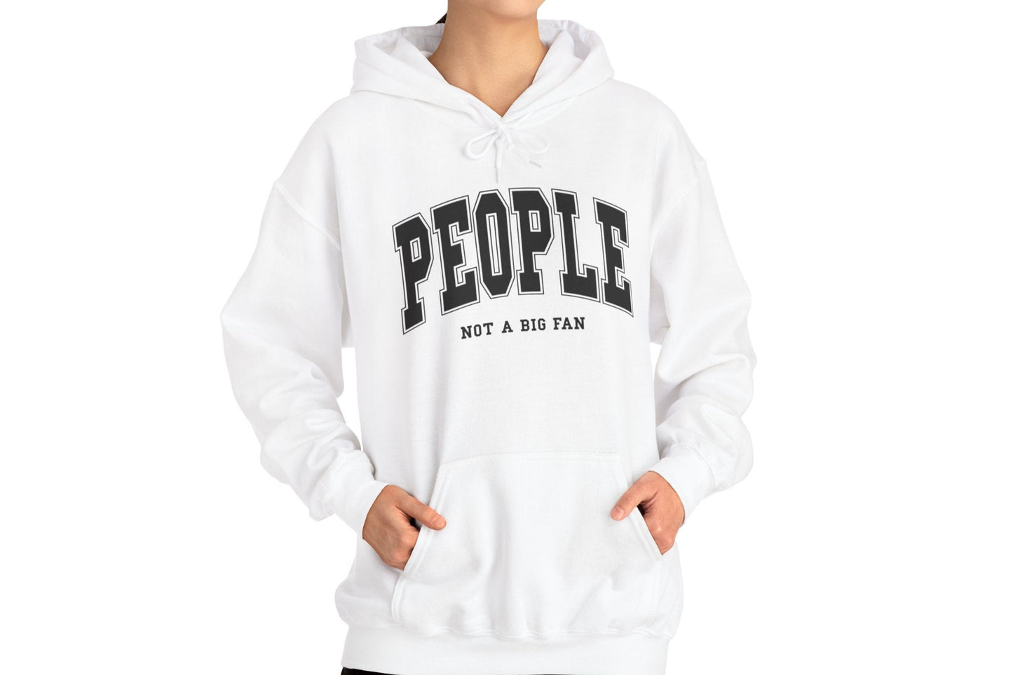 Model wearing a white hoodie featuring the text "People, Not a Big Fan" in bold collegiate-style white lettering. Part of the Vivid Divergence Sensory Friendly Unisex Hoodie Range.
