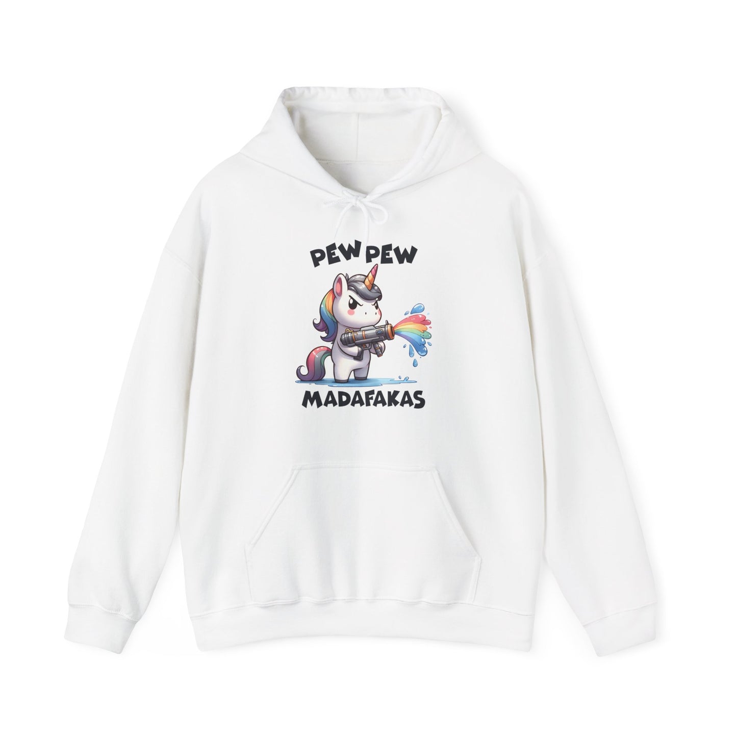 Front view of a white hoodie featuring the text "Pew Pew Madafakas" and a cartoon illustration of a unicorn holding a rainbow water gun. Part of the Vivid Divergence Sensory Friendly Unisex Hoodie Range.