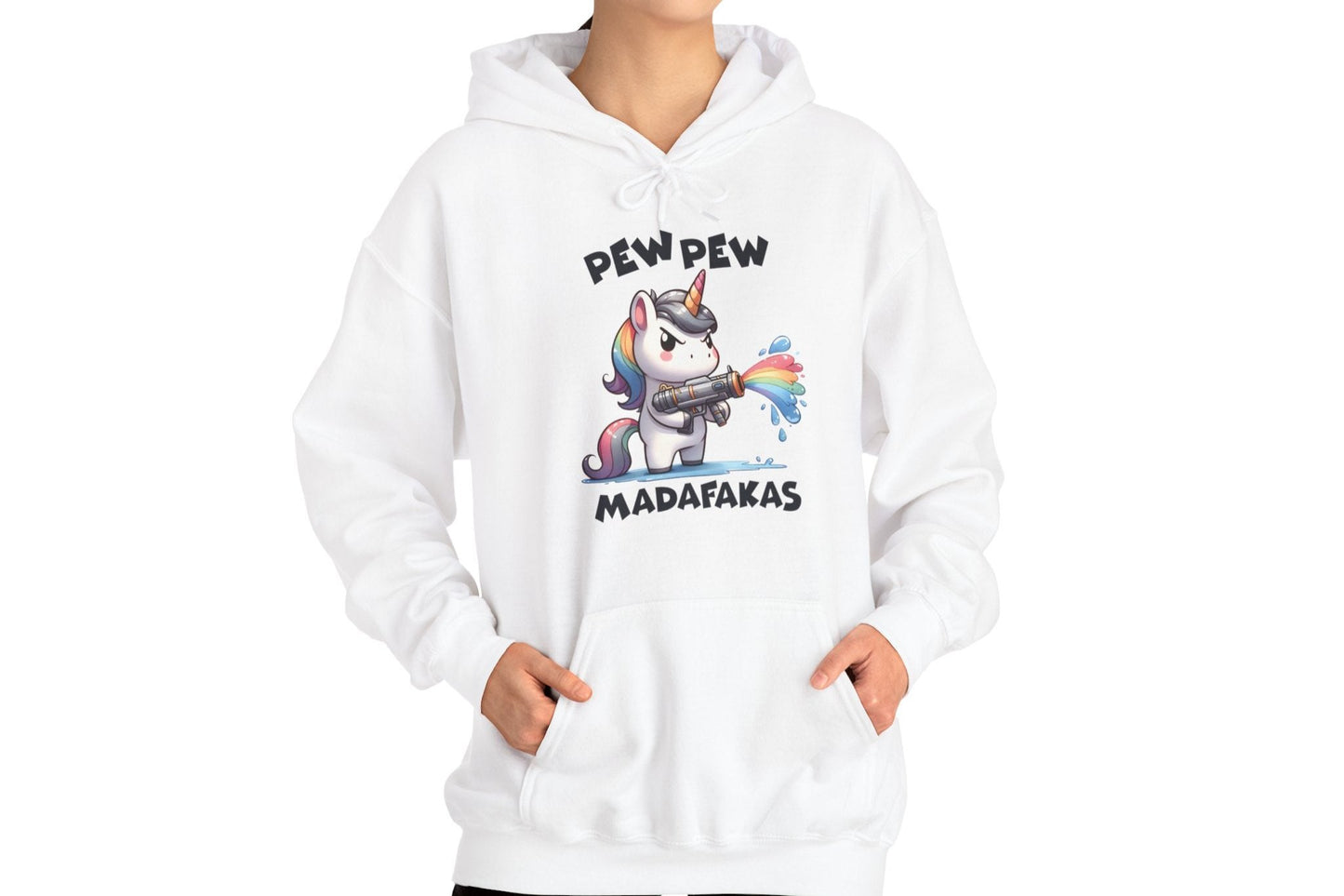 Model wearing a white hoodie featuring the text "Pew Pew Madafakas" and a cartoon illustration of a unicorn holding a rainbow water gun. Part of the Vivid Divergence Sensory Friendly Unisex Hoodie Range.