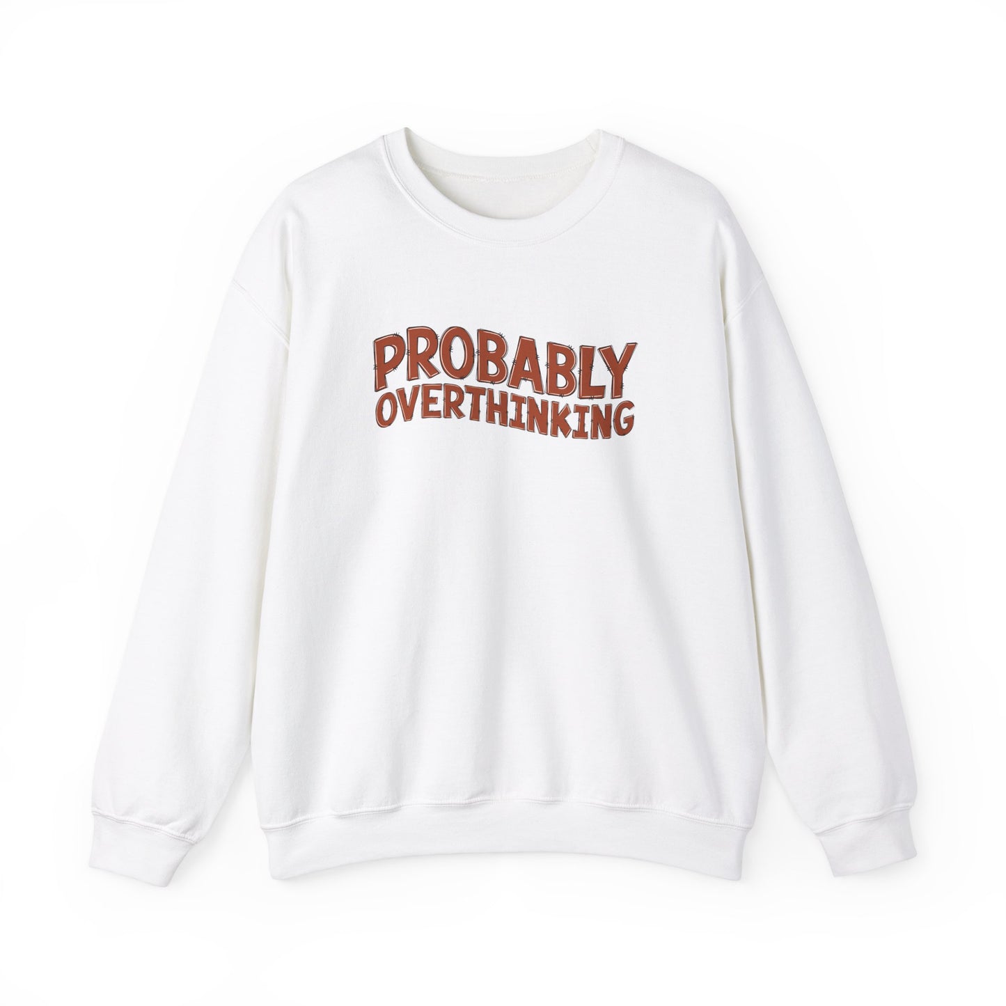 Front view of a white sweater jumper with the text "Probably Overthinking" in bold red lettering. Part of the Vivid Divergence Sensory Friendly Unisex Sweater Jumper Range.