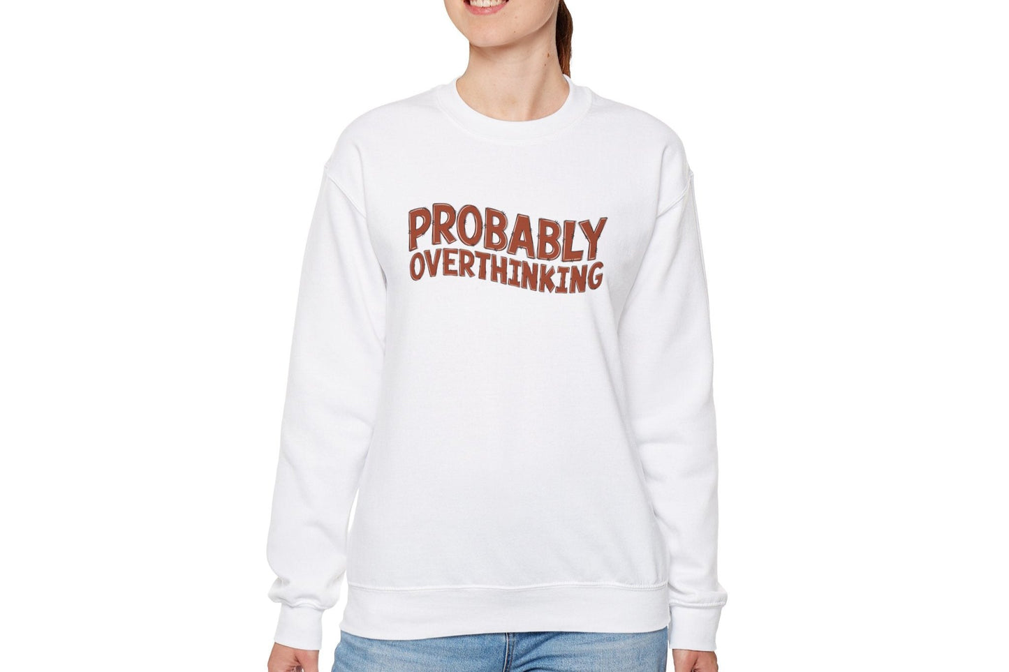 Model wearing a white sweater jumper with the text "Probably Overthinking" in bold red lettering. Part of the Vivid Divergence Sensory Friendly Unisex Sweater Jumper Range.