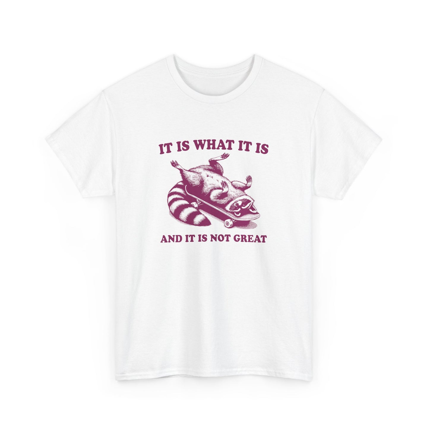 Front view of a white T-shirt featuring a raccoon on a skateboard with "It Is What It Is... And It's Not Great" text in pink. Part of the Vivid Divergence Sensory Friendly Unisex Tees Range.