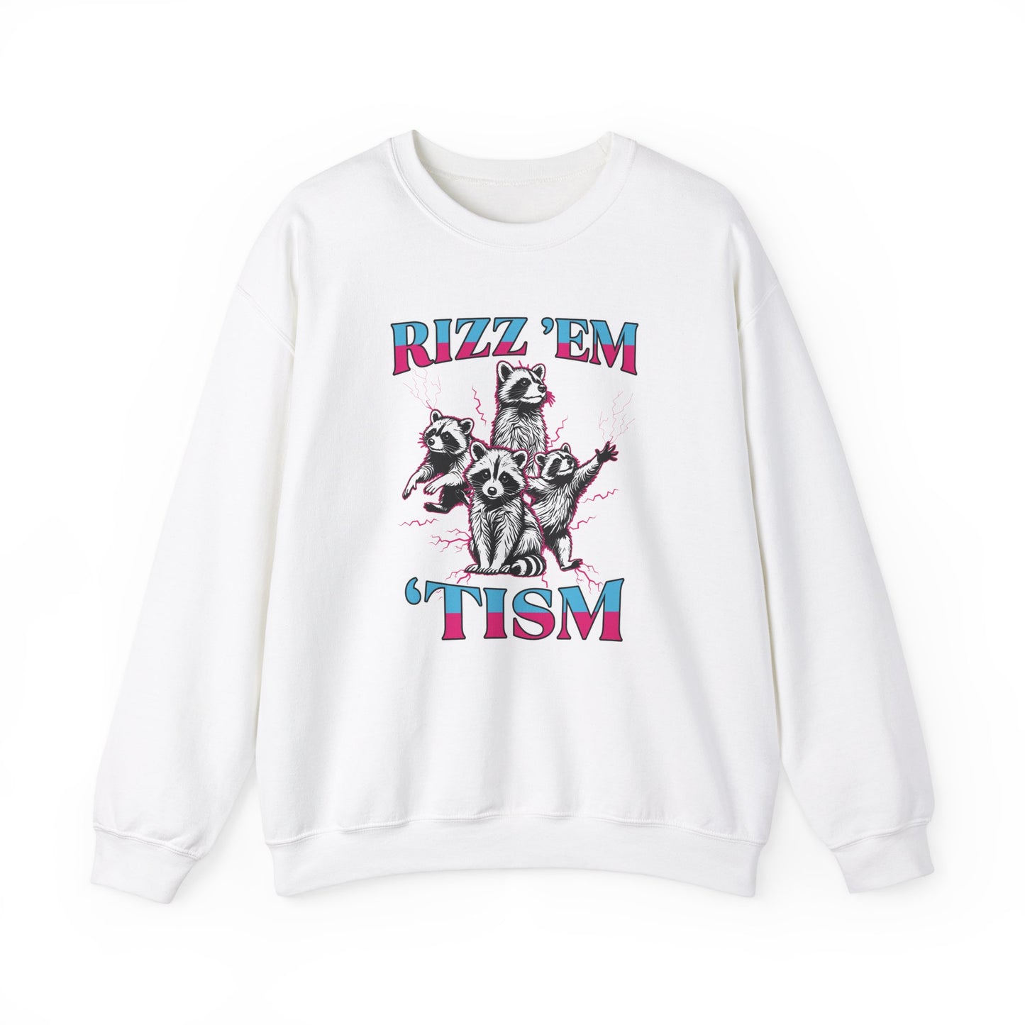 Front view of a white sweater jumper with the text "Rizz 'Em 'Tism" and a cartoon raccoon illustration striking a pose. Part of the Vivid Divergence Sensory Friendly Unisex Sweater Jumper Range.