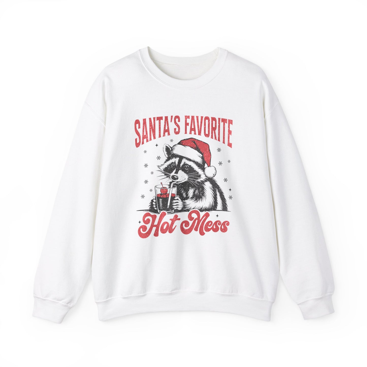 Front view of a white sweatshirt featuring a "Santa's Favorite Hot Mess" design with a festive raccoon wearing a Santa hat. Part of the Vivid Divergence Sensory Friendly Unisex Sweater Jumper Range.