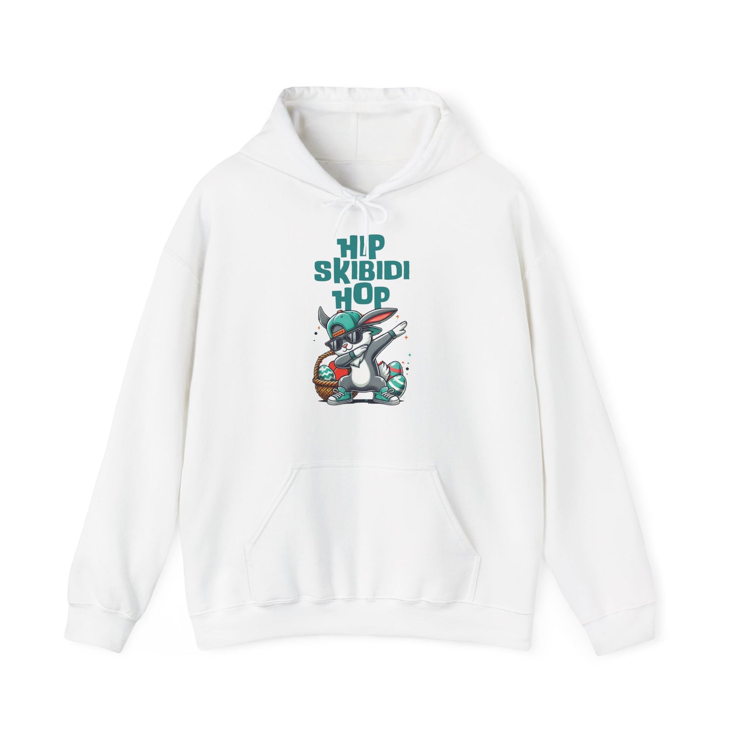 Front view of white hoodie with Skibidi Easter hip hop dab bunny design. Part of the Vivid Divergence Sensory Friendly Unisex Hoodies Range.