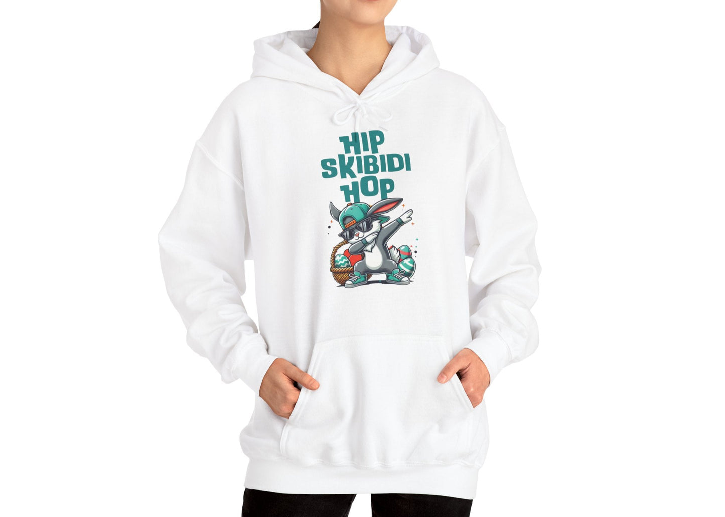 Woman wearing white hoodie with Skibidi dab bunny Easter hip hop graphic. Part of the Vivid Divergence Sensory Friendly Unisex Hoodies Range.
