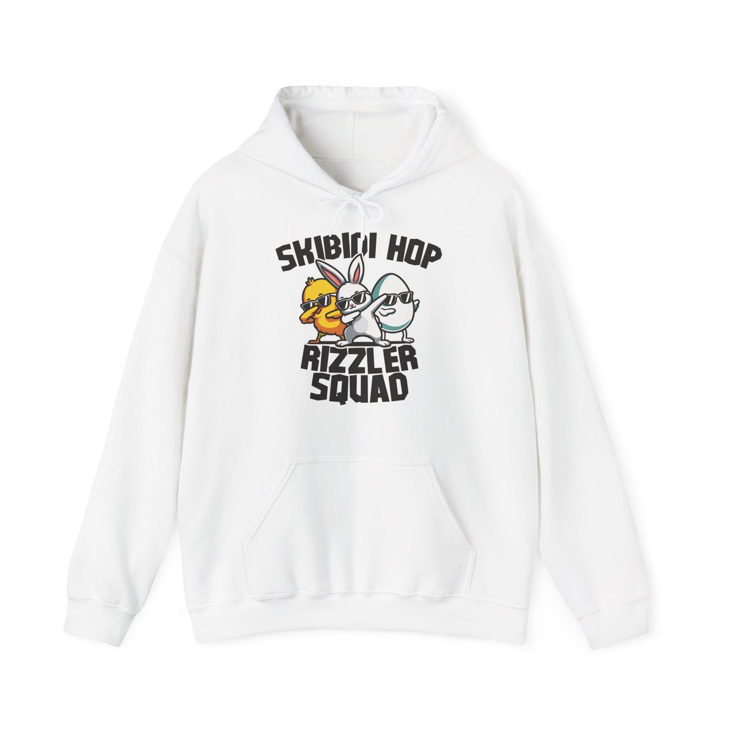 Front view of white hoodie with Skibidi Hop Rizzler Squad Easter meme design. Part of the Vivid Divergence Sensory Friendly Unisex Hoodies Range.