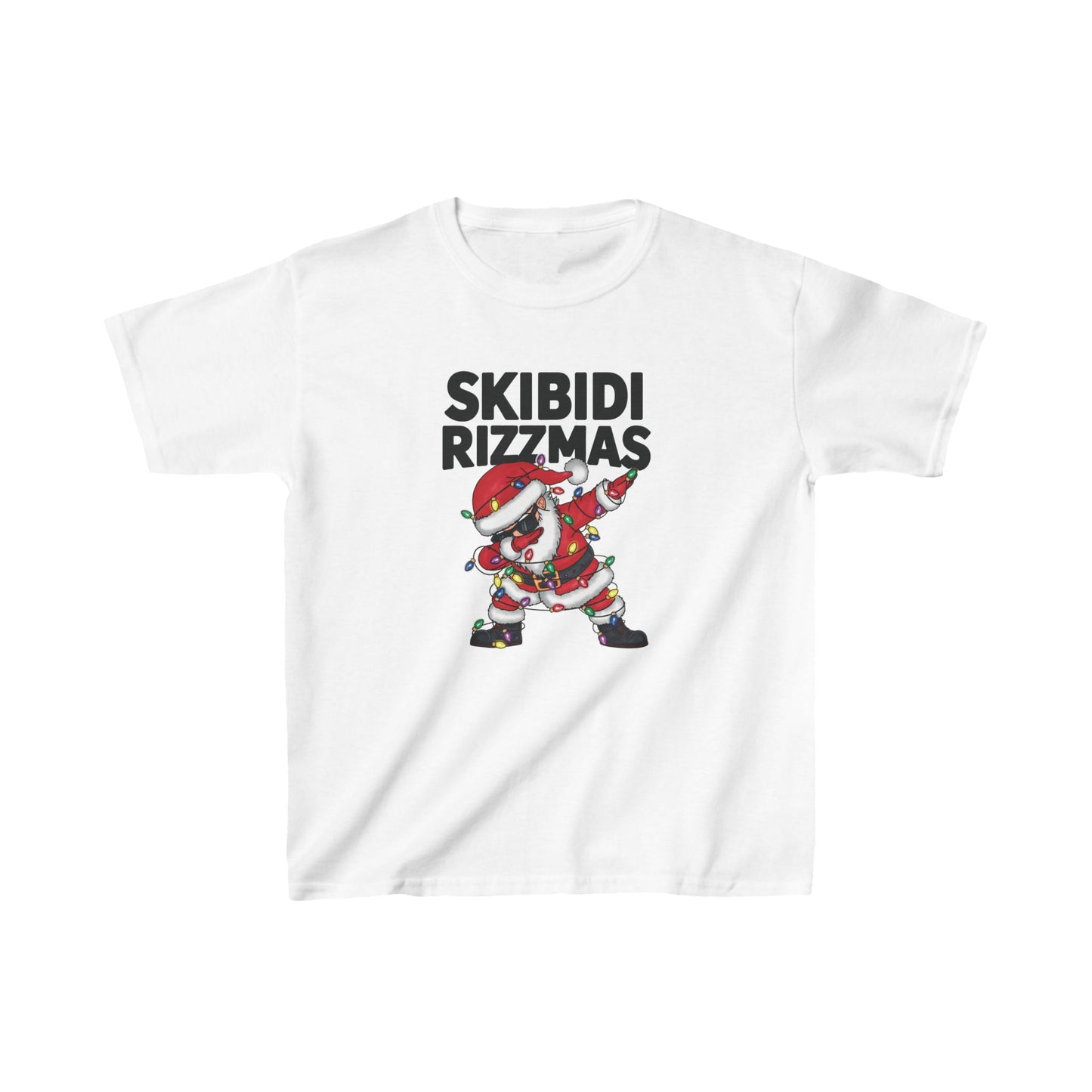 White kids' T-shirt with a dabbing Santa and "Skibidi Rizzmas" text. Part of the Vivid Divergence Sensory Friendly Unisex Tees Range.